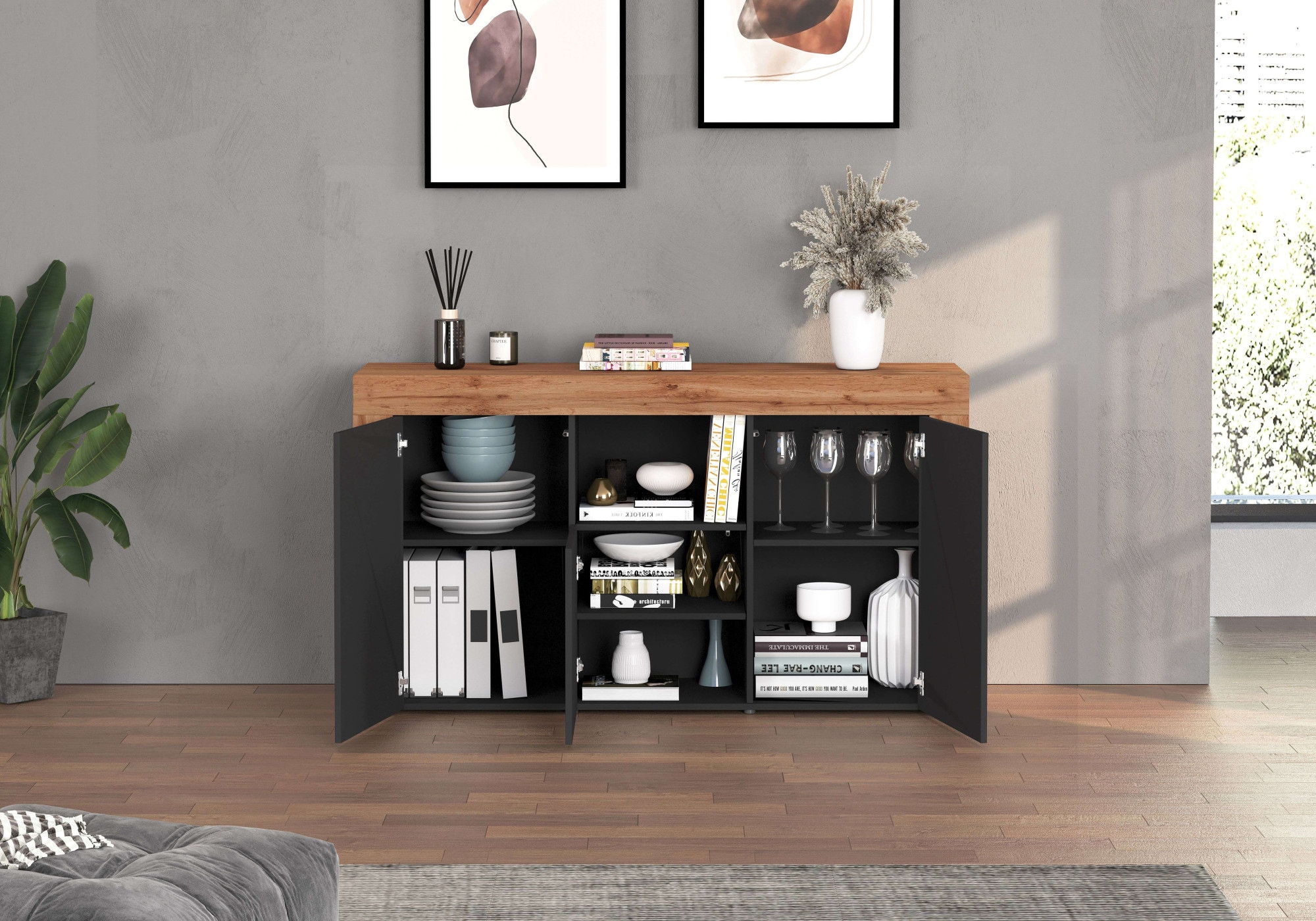 INOSIGN Sideboard »CHRONOS Breite 155 cm mit 3 Türen, 1 offenes und 6 geschlossene Fächer«, (1 St.), Sideboard,Kommode, Schrank, Grifflos mit Push to Open, Made in Italy