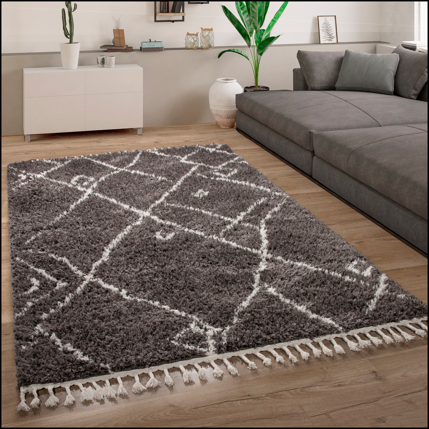 Paco Home Hochflor-Teppich »Orebro 171«, rechteckig, 44 mm Höhe, modernes Rauten Muster, besonders weich & kuschelig, mit Fransen