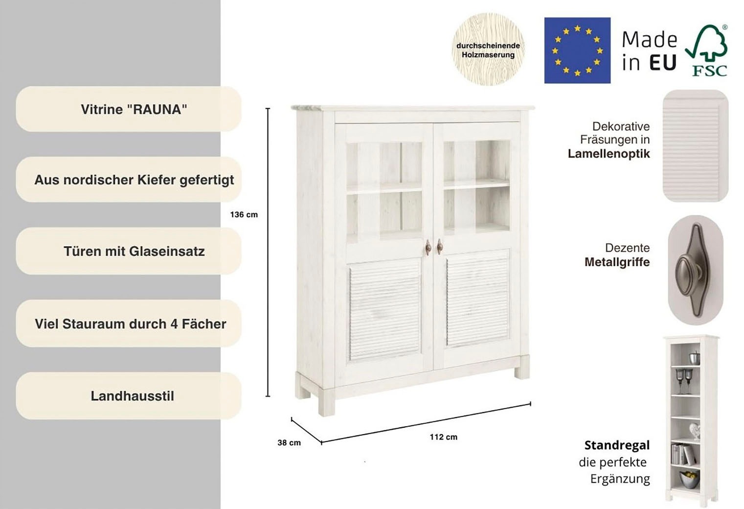 Home affaire Highboard »Rauna«, Vitrine, Breite 111,6 cm, aus massiver Kiefer