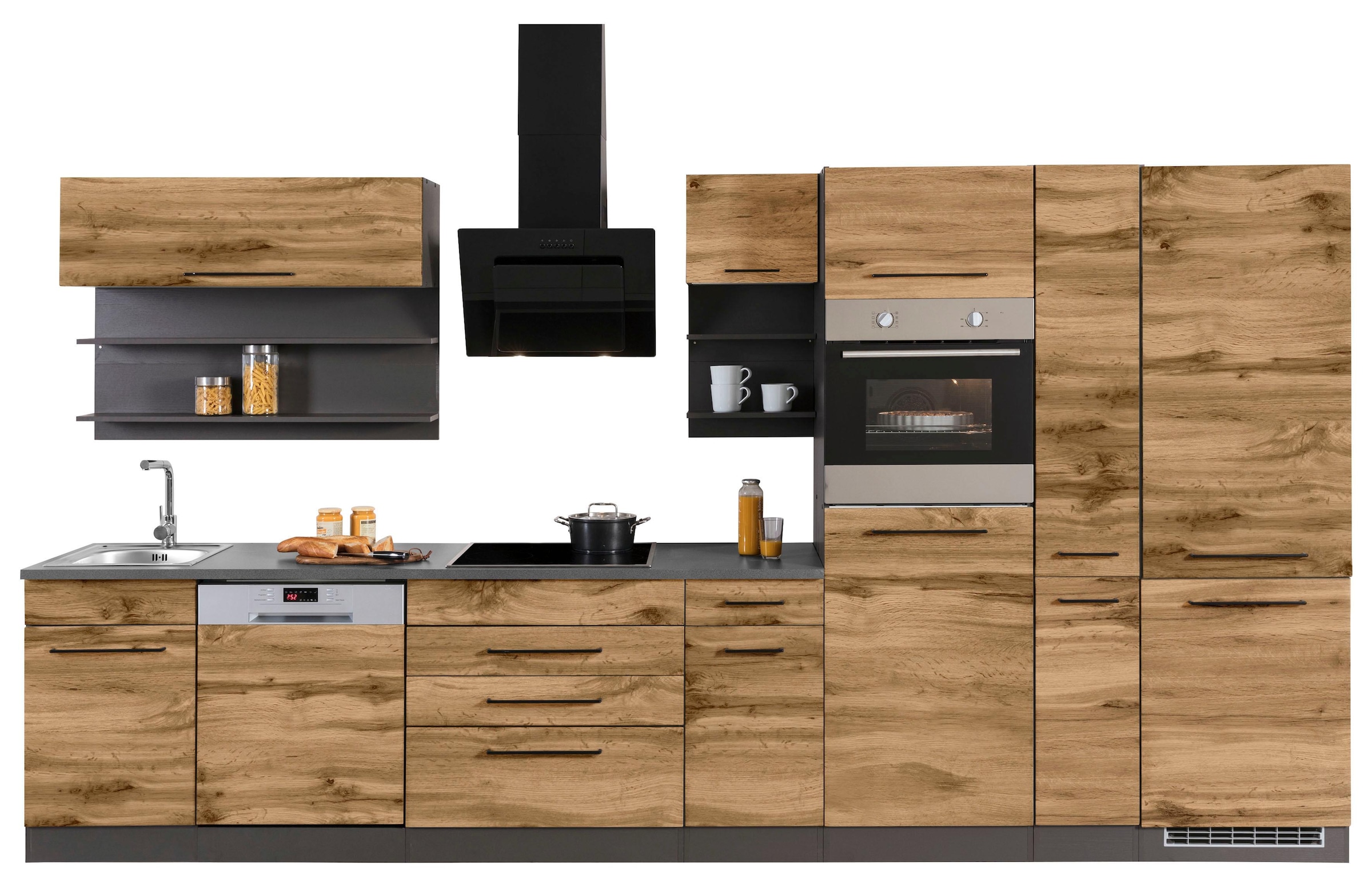KOCHSTATION Küchenzeile »KS-Tulsa«, ohne E-Geräte, Breite 380 cm, schwarze Metallgriffe, MDF Fronten