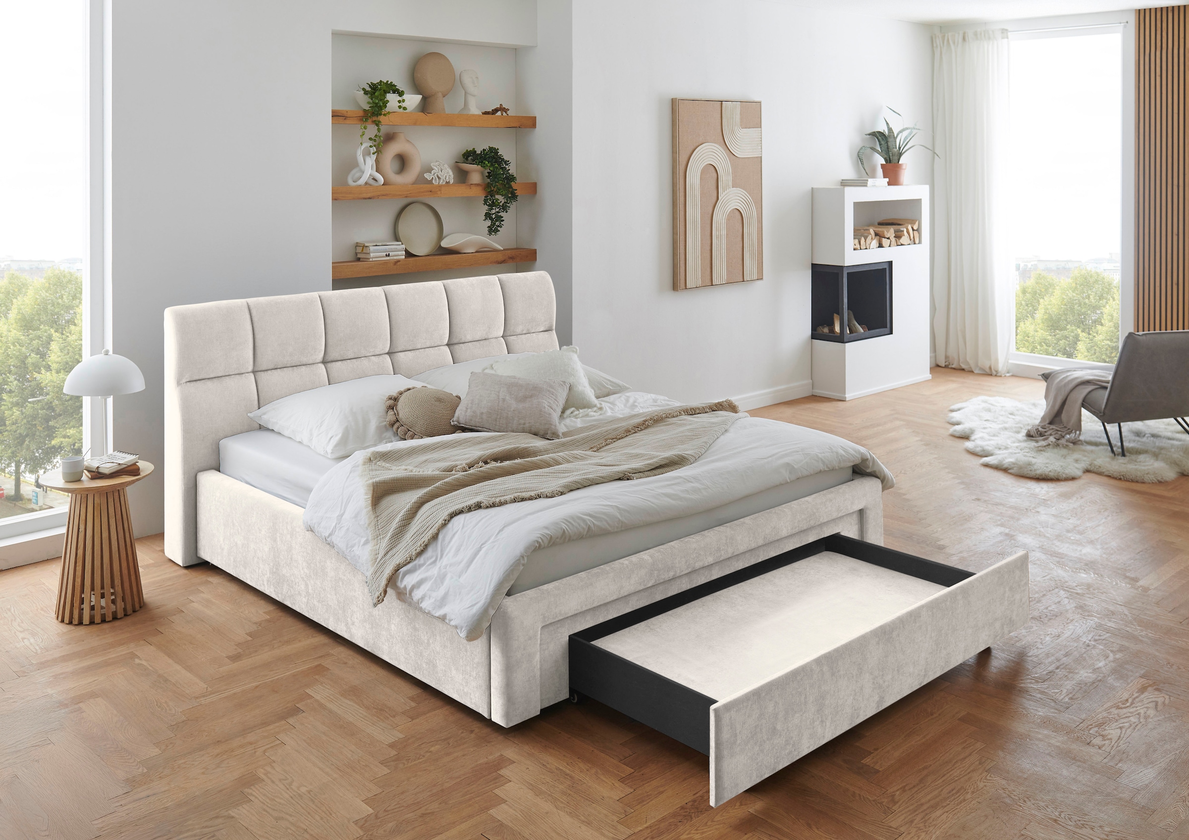 meise.möbel Polsterbett »Canyon, Breite 180cm, erhältlich in grau oder beige« inkl. Schubkasten im Fußteil - ideal als Hundebett nutzbar