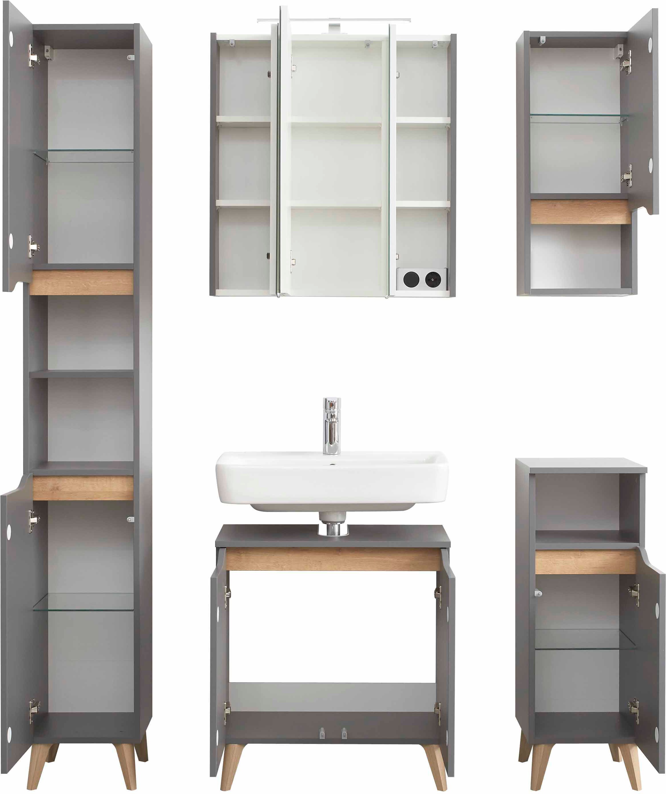 Saphir Badmöbel-Set »Quickset 5-teilig, Waschbeckenunterschrank mit LED-Spiegelschrank« 5 Stk. tlg.