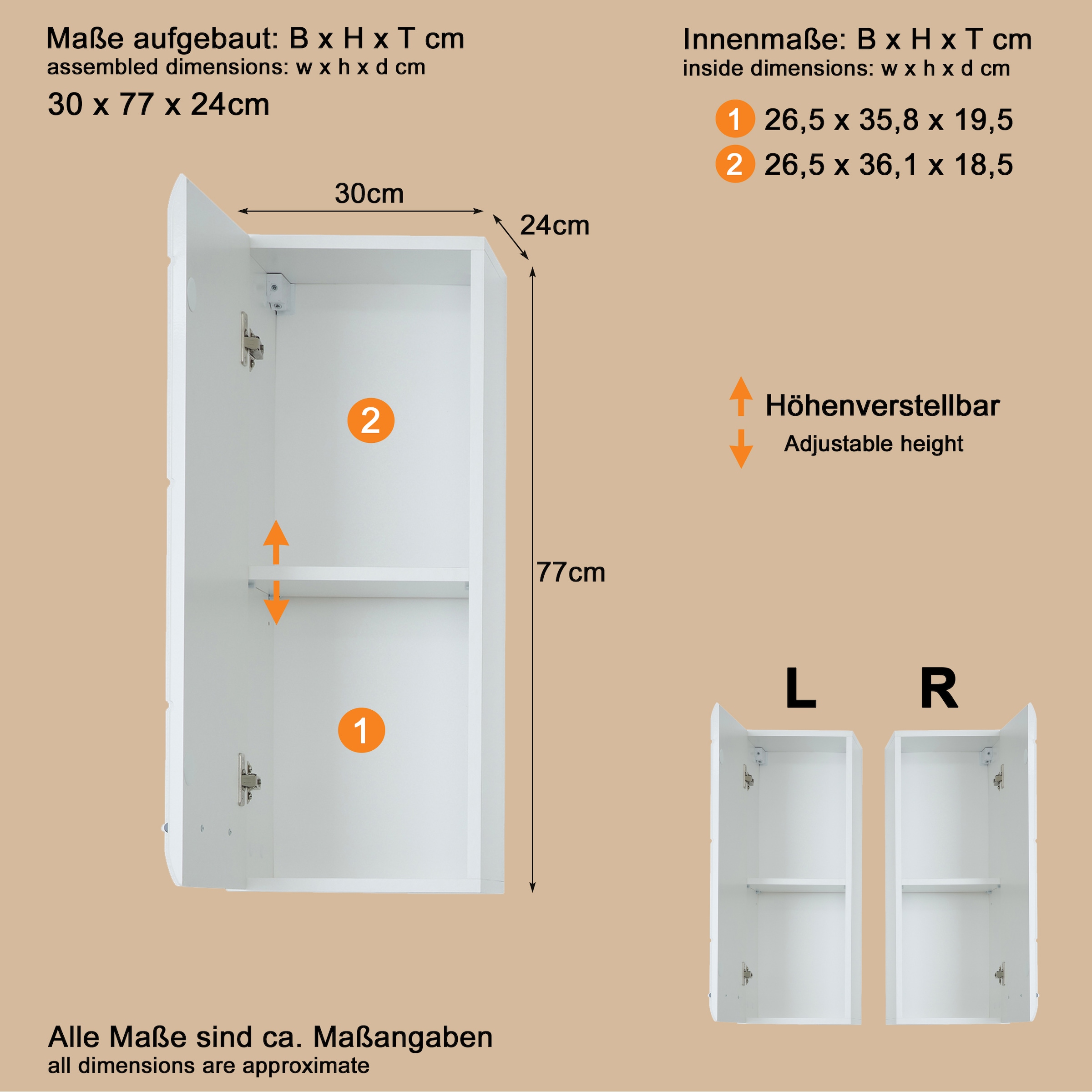 welltime Hängeschrank »Sovana«, Badezimmerschrank mit 2 Fächern in Weiß - (B/T/H) 30/24/77 cm