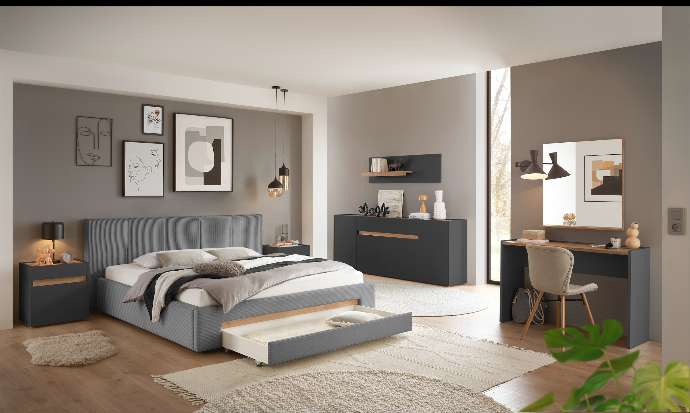 INOSIGN Polsterbett »CiTY/GiRON, Bettgestell mit Bettkasten, gepolstertes Stauraumbett«, mit Hundebett oder Stauraumschublade, Bezug Cord-oder Leinenoptik