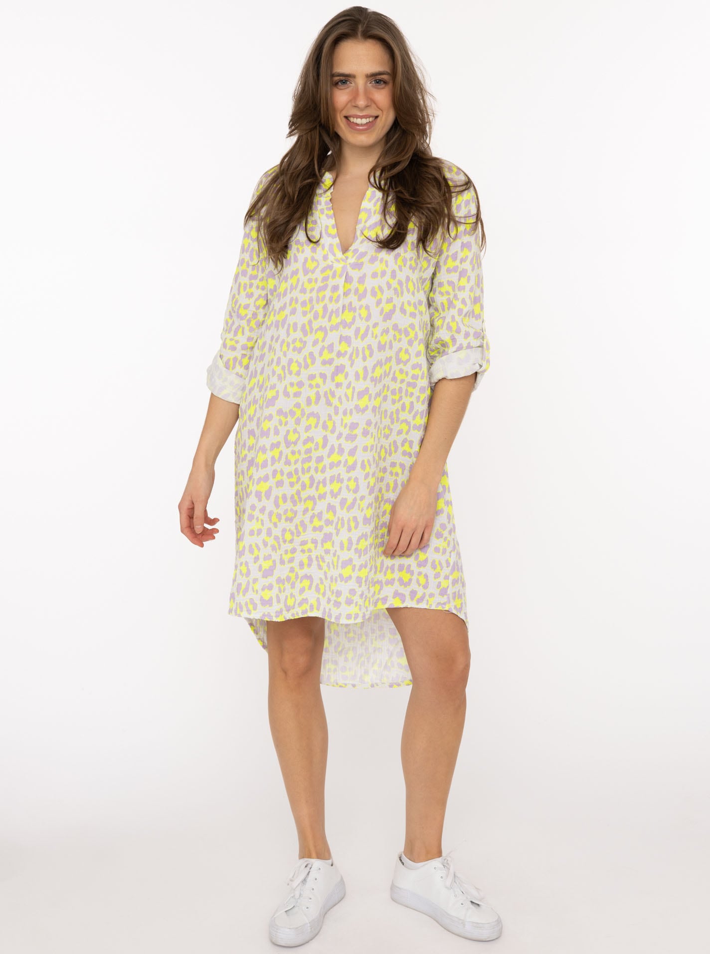 Zwillingsherz Blusentop »"Rom"« Turn-Up Ärmel, V-Neck. Leo-Muster, Musselin