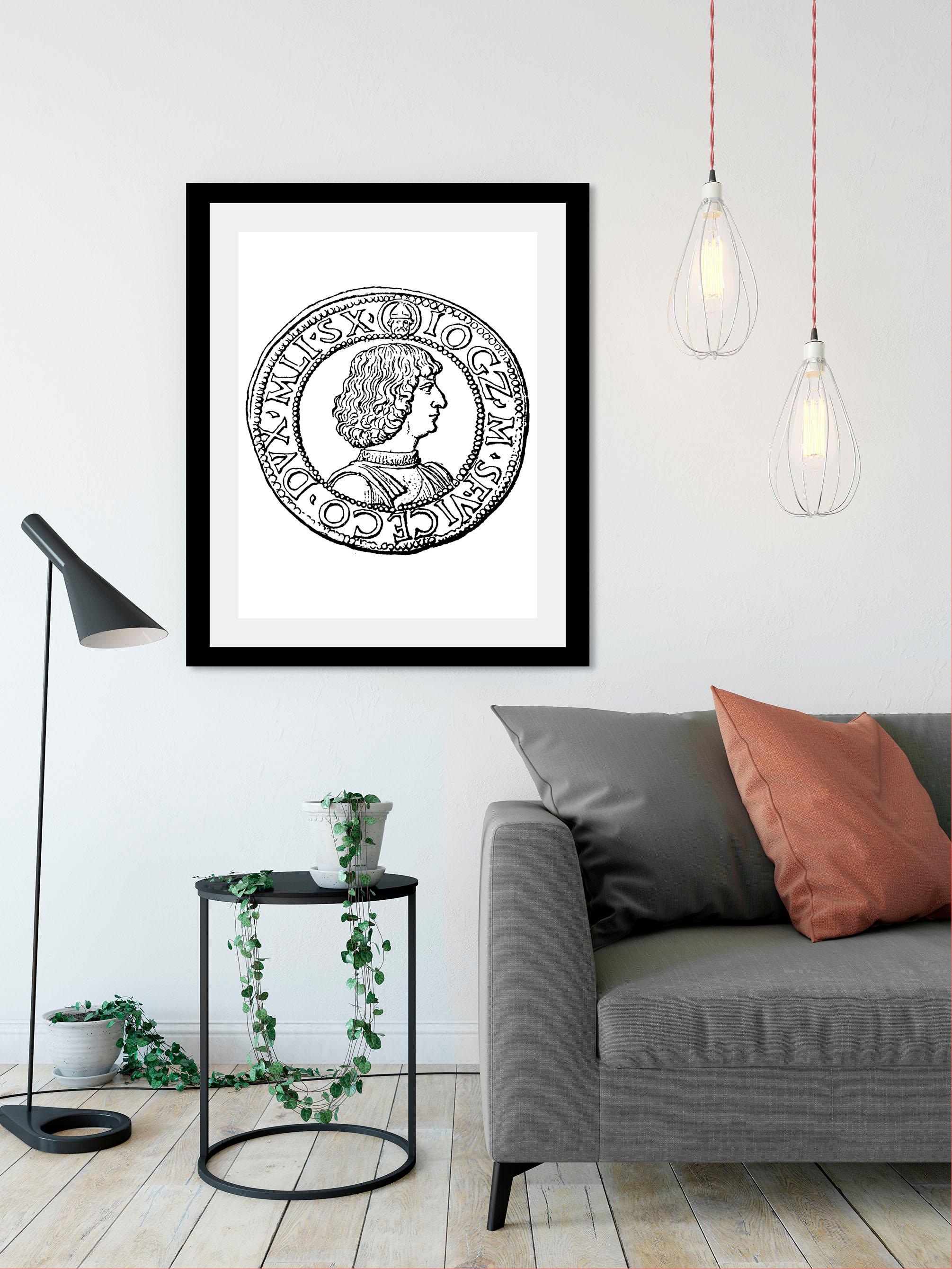 queence Bild »Münze« Historische Persönlichkeiten | Schwarz-Weiß HD Premium Poster-Druck inkl. Holzrahmen