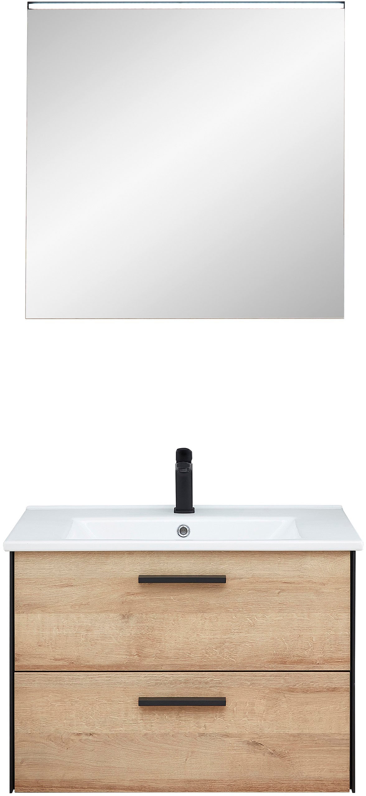 Saphir Badmöbel-Set »Quickset 395 2-teilig, Keramik-Waschtisch mit LED-Spiegel, 75 cm breit«, (2 St.), Waschplatz mit 2 Schubladen, Riviera Eiche quer Nachbildung, Bad-Set