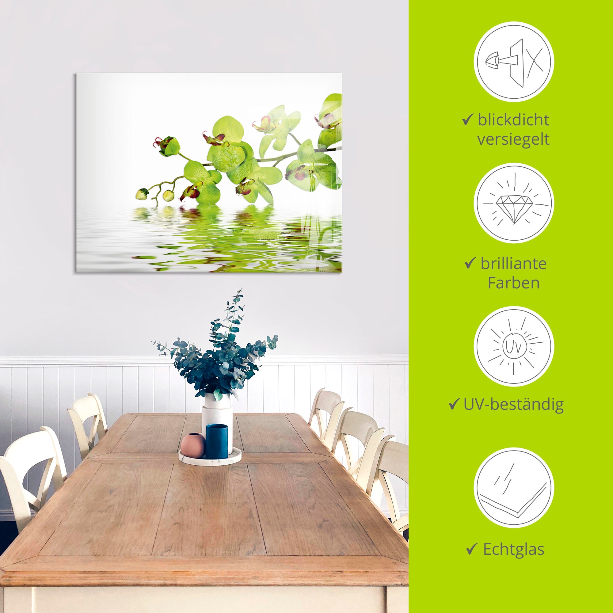 Artland Glasbild »Schöne Orchidee mit grünem Hintergrund«, Blumen, (1 St.), in verschiedenen Größen