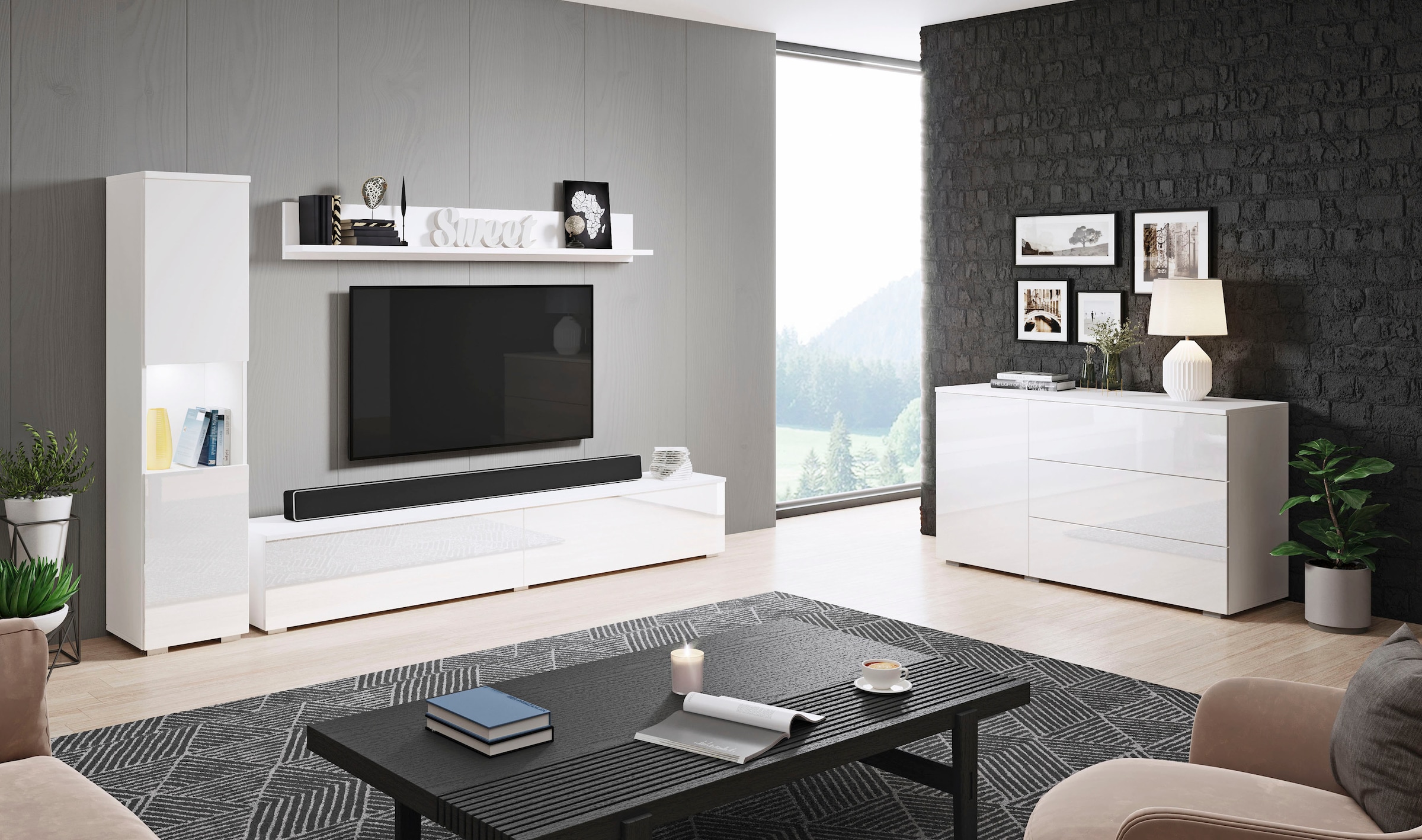 INOSIGN Wohnwand »PARIS, Vitrine Türanschlag links/rechts wechselbar«, (Komplett-Set, 3 St.), grifflose Design, stehend und hängend montierbar