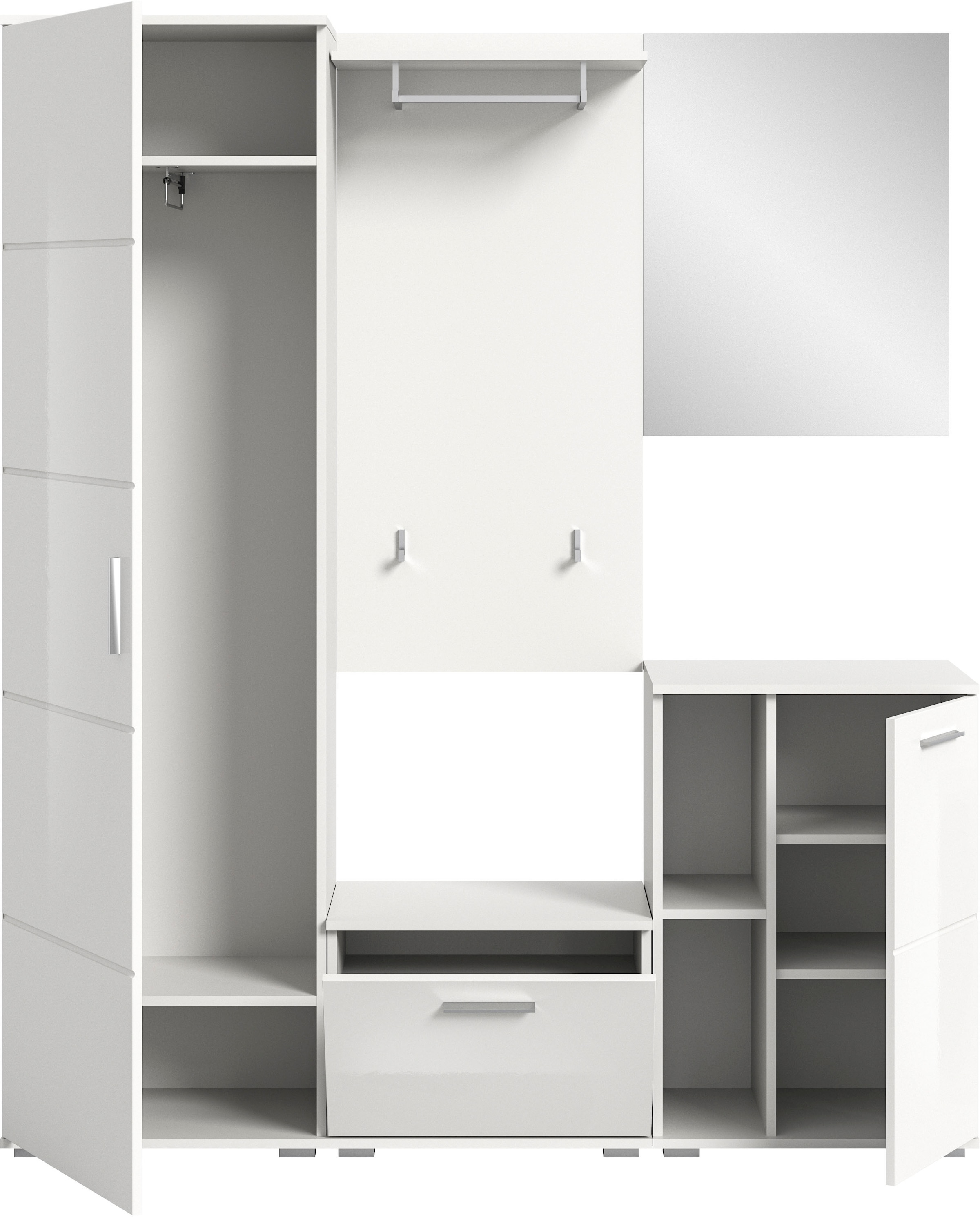 INOSIGN Garderoben-Set »Valge, Breite 165 cm, 5-teiliges Set, bestehend aus:«, (5 St.), Garderobenschrank, Sitzbank, Garderobenpaneel, Schuhschrank & Spiegel