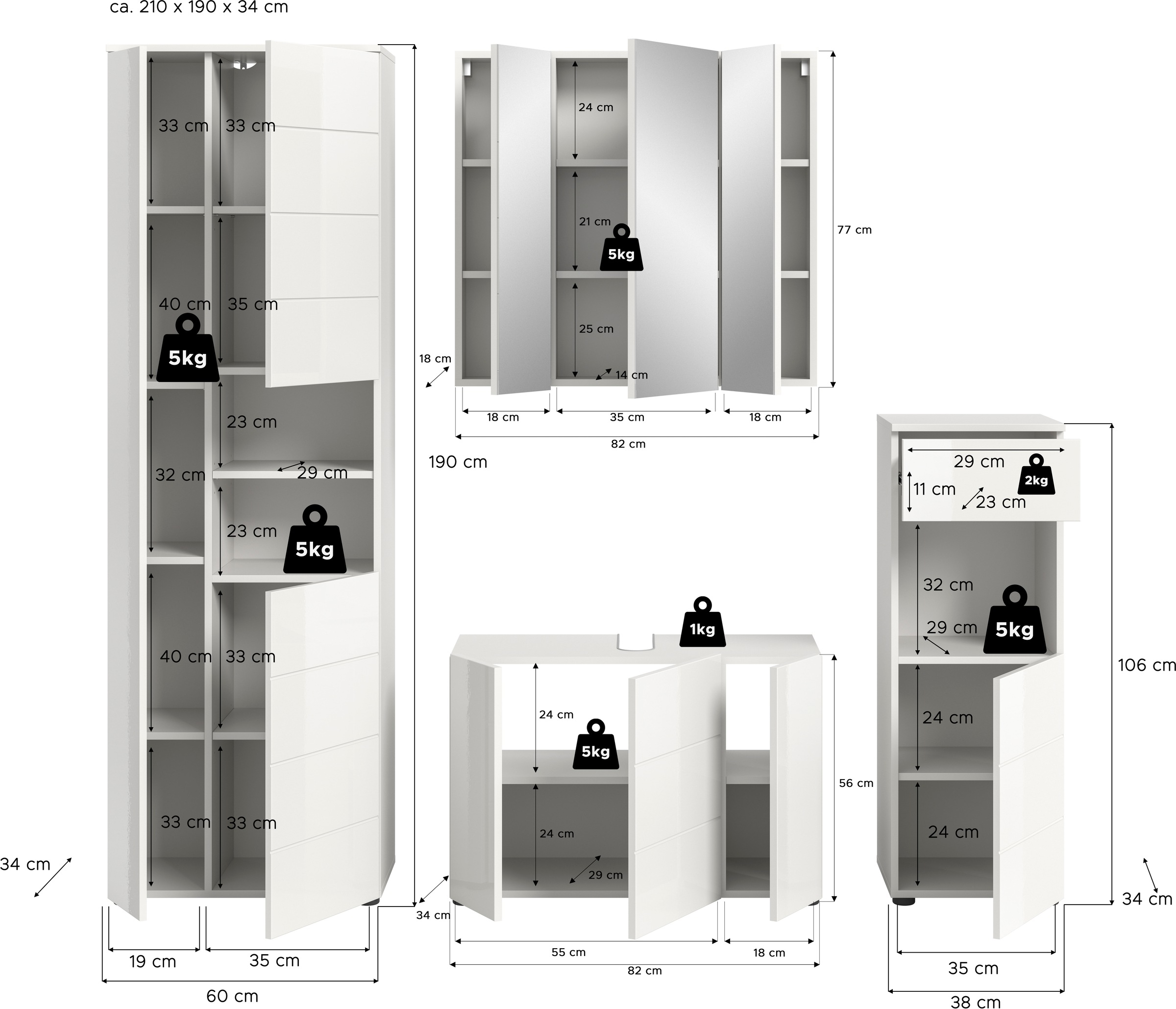 welltime Badmöbel-Set »Biel, Höhe 190 cm, Hochschrank, Unterschrank, Spiegel, Standschrank«, (4 St.), Bad Set, modernes Design, Hochschrank, Unterschrank, Spiegel