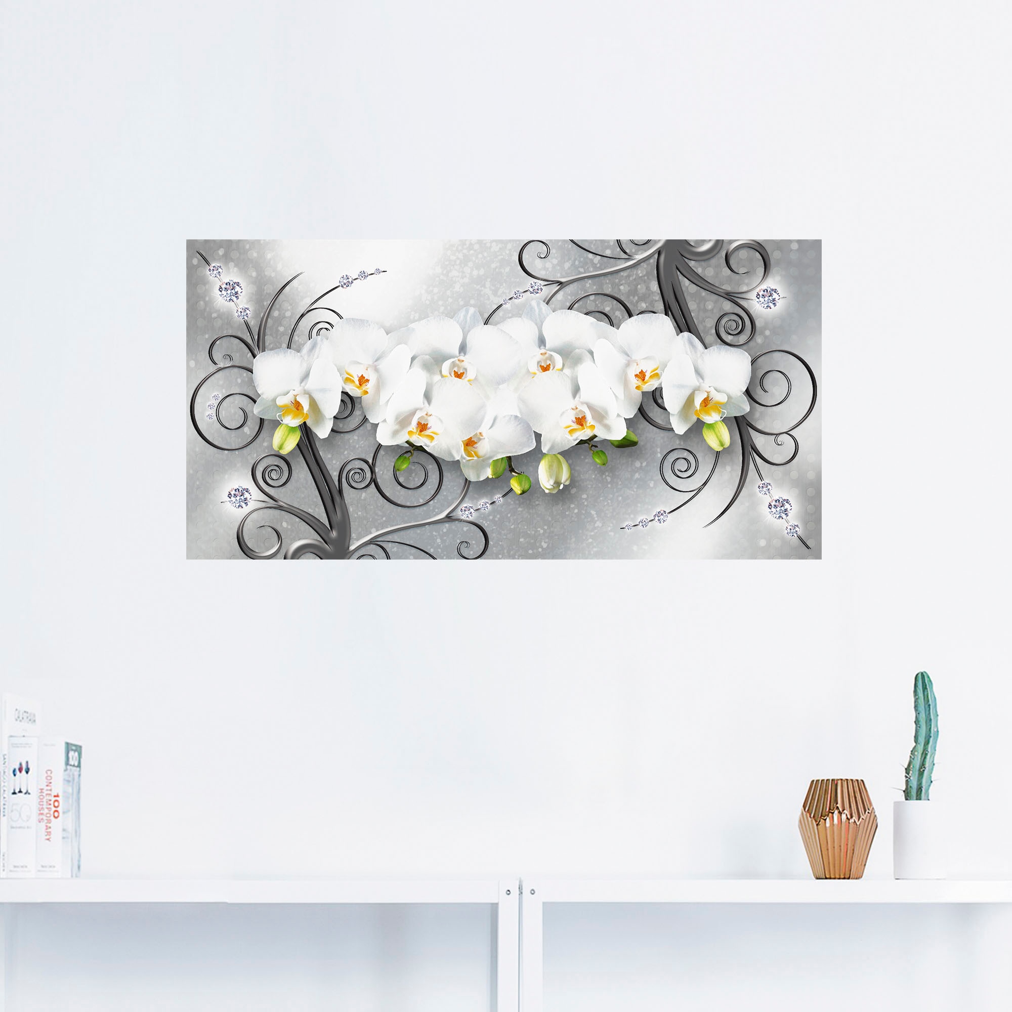 Artland Wandbild »weiße Orchideen auf Ornamenten«, Blumenbilder, (1 St.), als Alubild, Outdoorbild, Leinwandbild, Poster, Wandaufkleber
