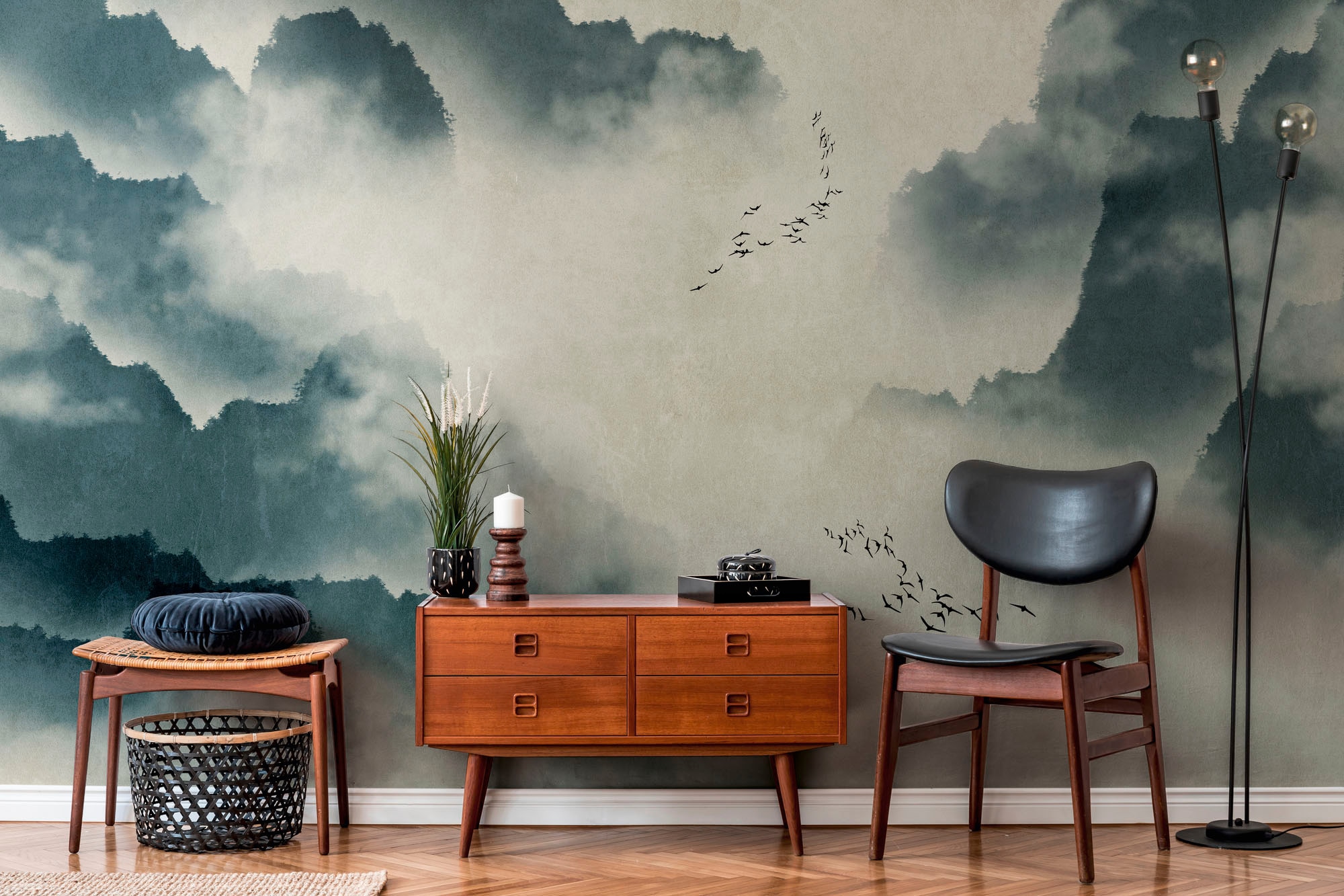 living walls Fototapete »The Wall«, natürlich-3D-Optik-floral, Fototapete Vögel Tapete Landschaft Tapeten Wohnzimmer Design Optik
