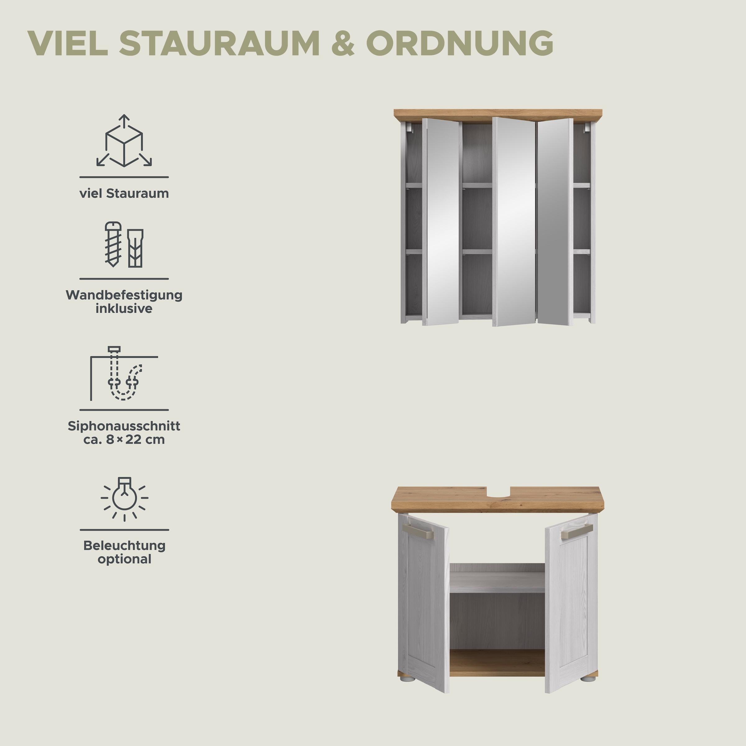 welltime Badmöbel-Set »COSENZA« best. aus: 1 Spiegelschrank, 1 Waschbeckenunterschrank, 2 Stk. tlg.