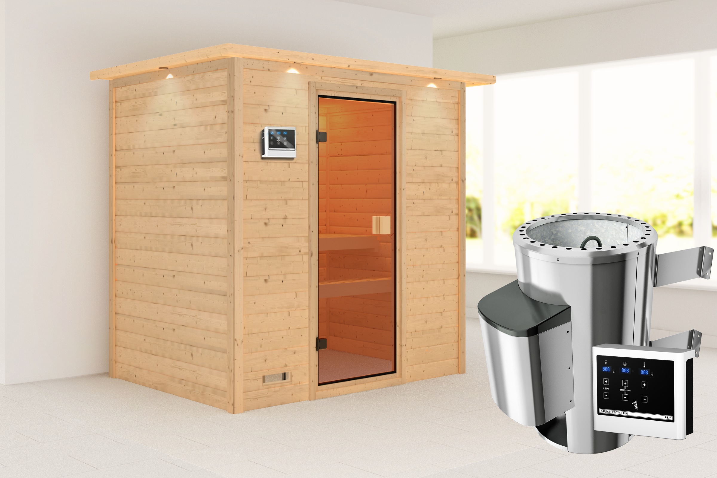 Karibu Sauna »"Sunie" mit bronzierter Tür und Kranz, naturbelassen« aus hoc günstig online kaufen