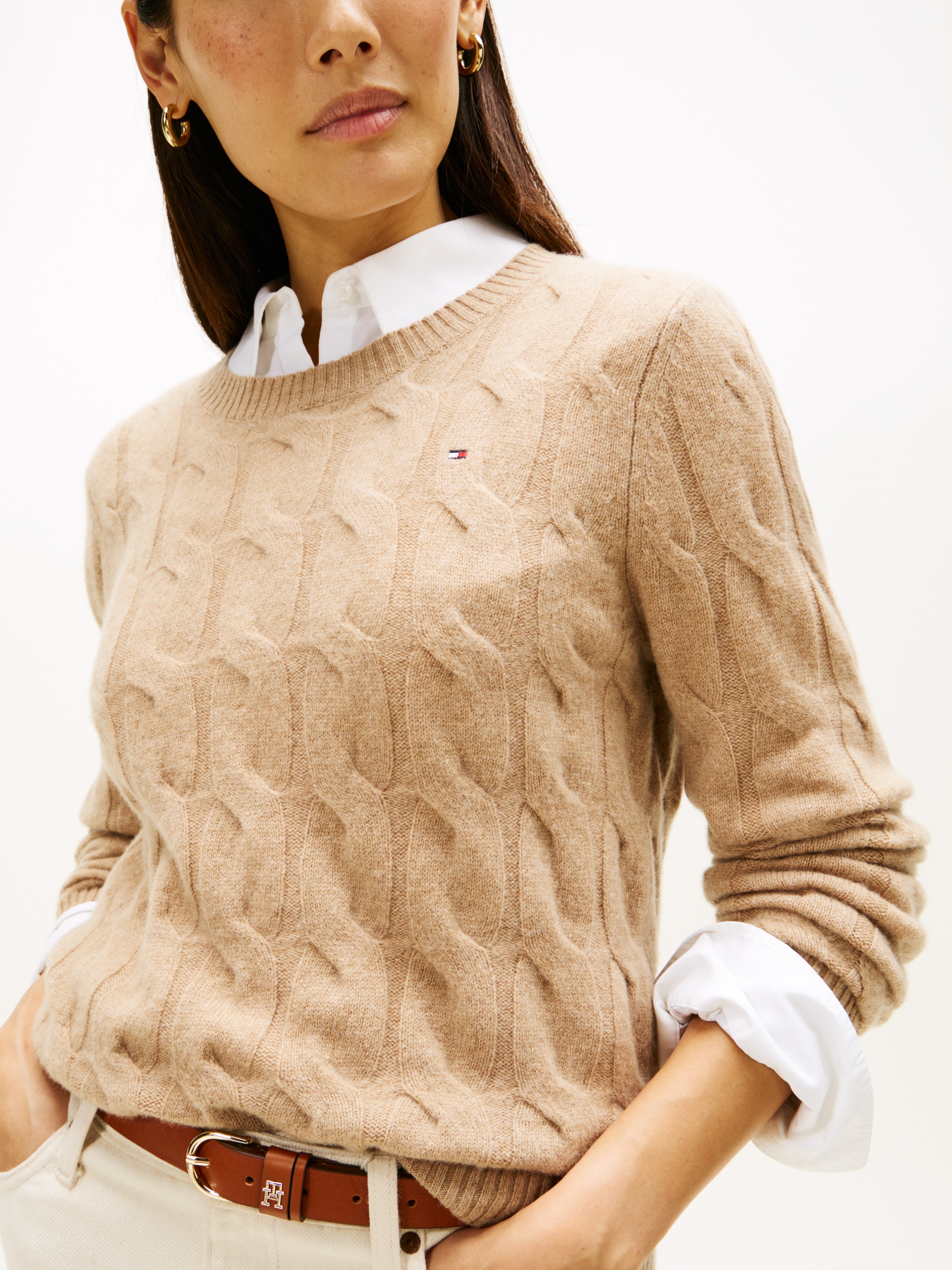 Tommy Hilfiger Strickpullover »SOFT WOOL CABLE C-NK« Wolle, mit Zopfmuster