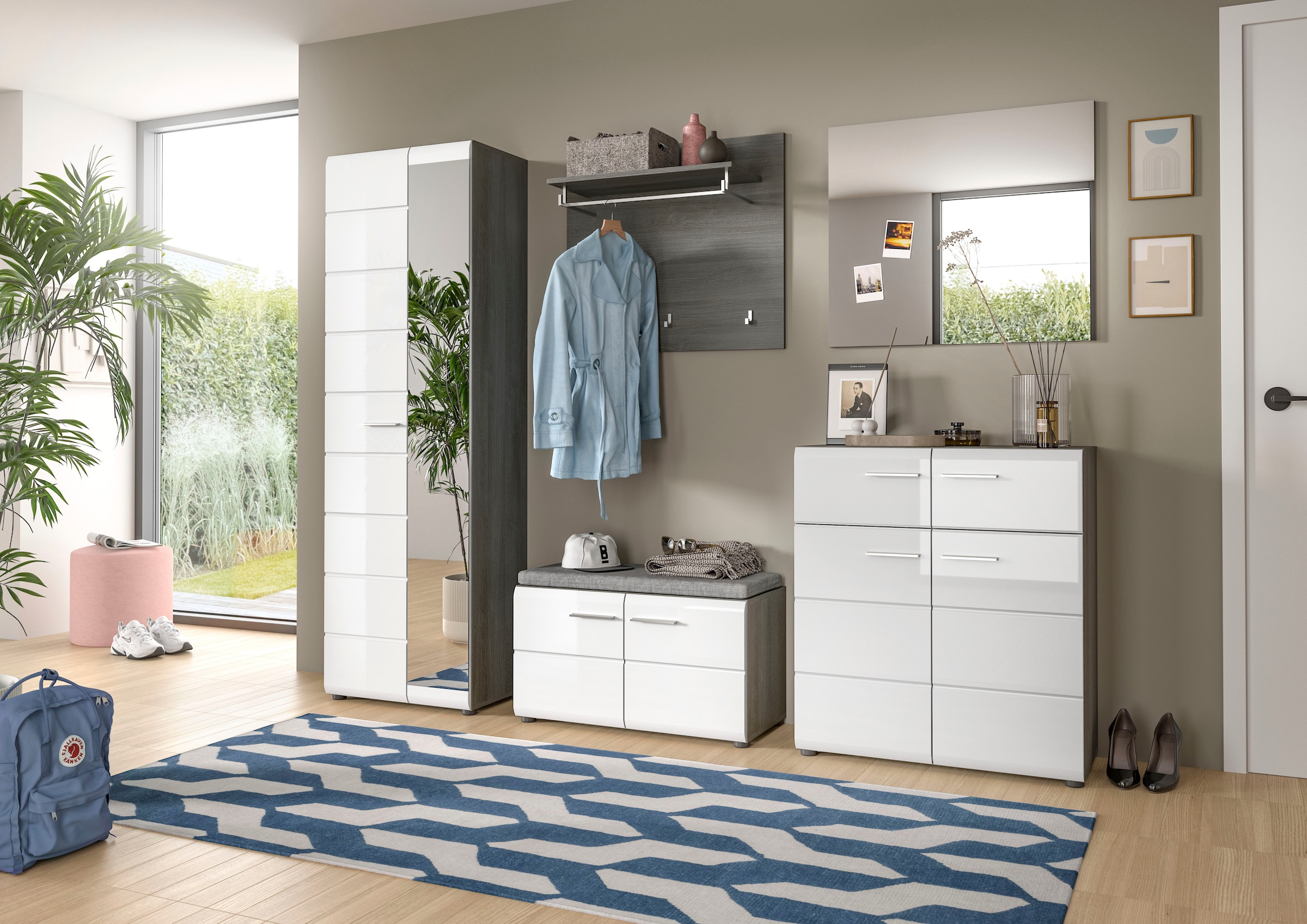 INOSIGN Garderobenschrank »Rumba, Höhe 192 cm, 1 Hochglanz Tür, 1 Spiegeltür, 4 Einlegeböden,«, 1 Kleiderstange, Stauraumschrank, Flurschrank, Flurmöbel