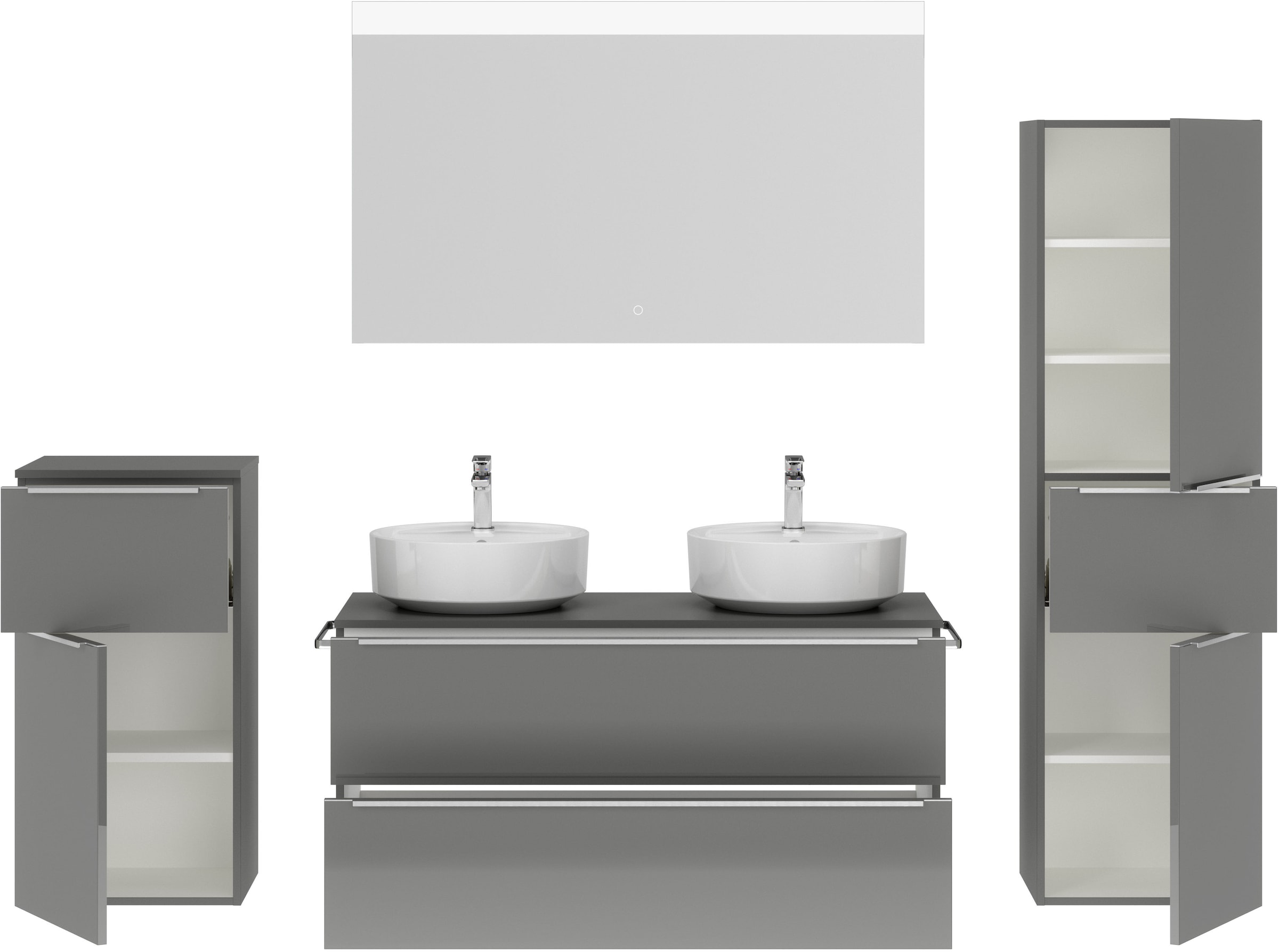 nobilia® Badmöbel-Set »Alvene«, (4 St., vormontiert, mit Soft-Close), Hochglanz, inkl. Spiegel mit Touch-Sensor, in vier Breiten