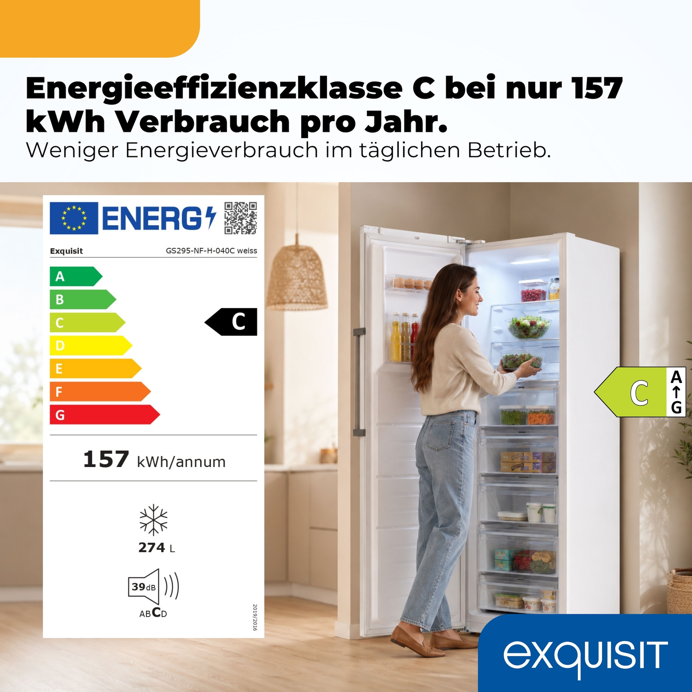 exquisit Gefrierschrank NoFrost »GS295-NF-H-040C weiss« 185 cm hoch 60 cm breit Viel Platz, starke Gefrierleistung & No Frost für eisfreies Gefrieren