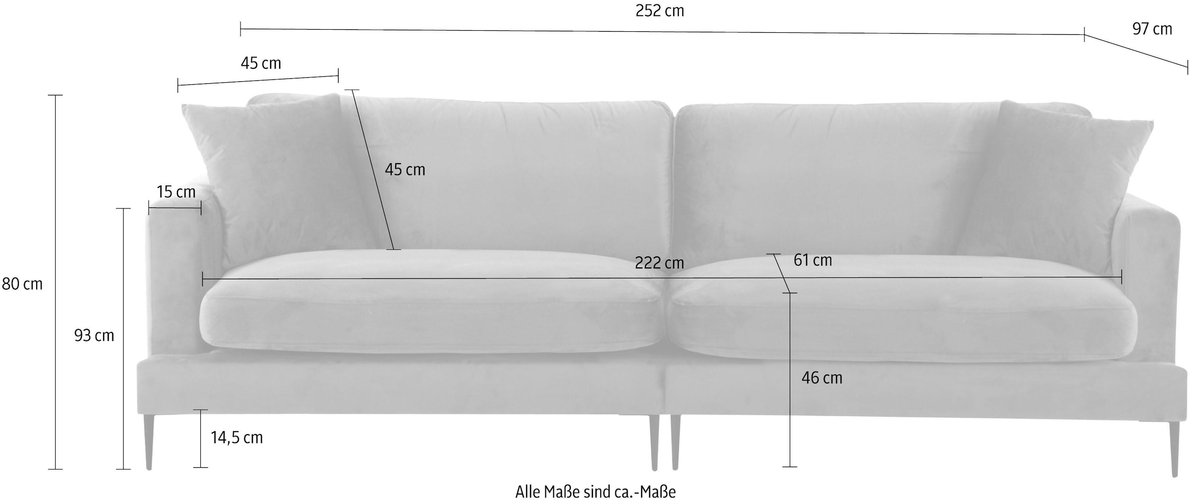 Leonique Big-Sofa »Cozy elegantes Designsofa, Maße B/T/H: 252/97/80 cm«, mit losen Kissen und Metallbeinen