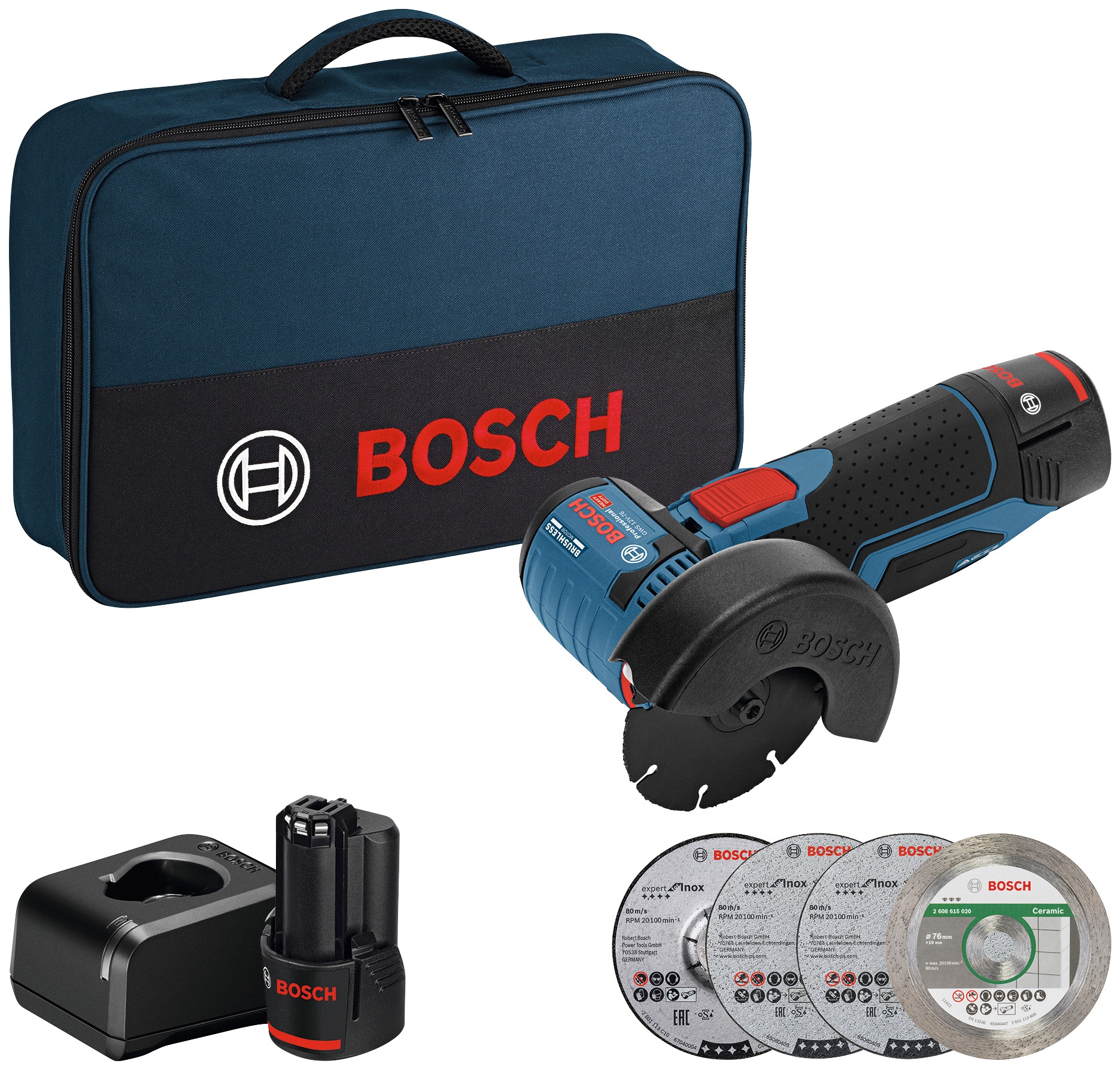 BOSCH PROFESSIONAL Akku-Winkelschleifer »GWS 12V-76« mit 2 Akkus 12 V, Ladegerät und Zubehör blau