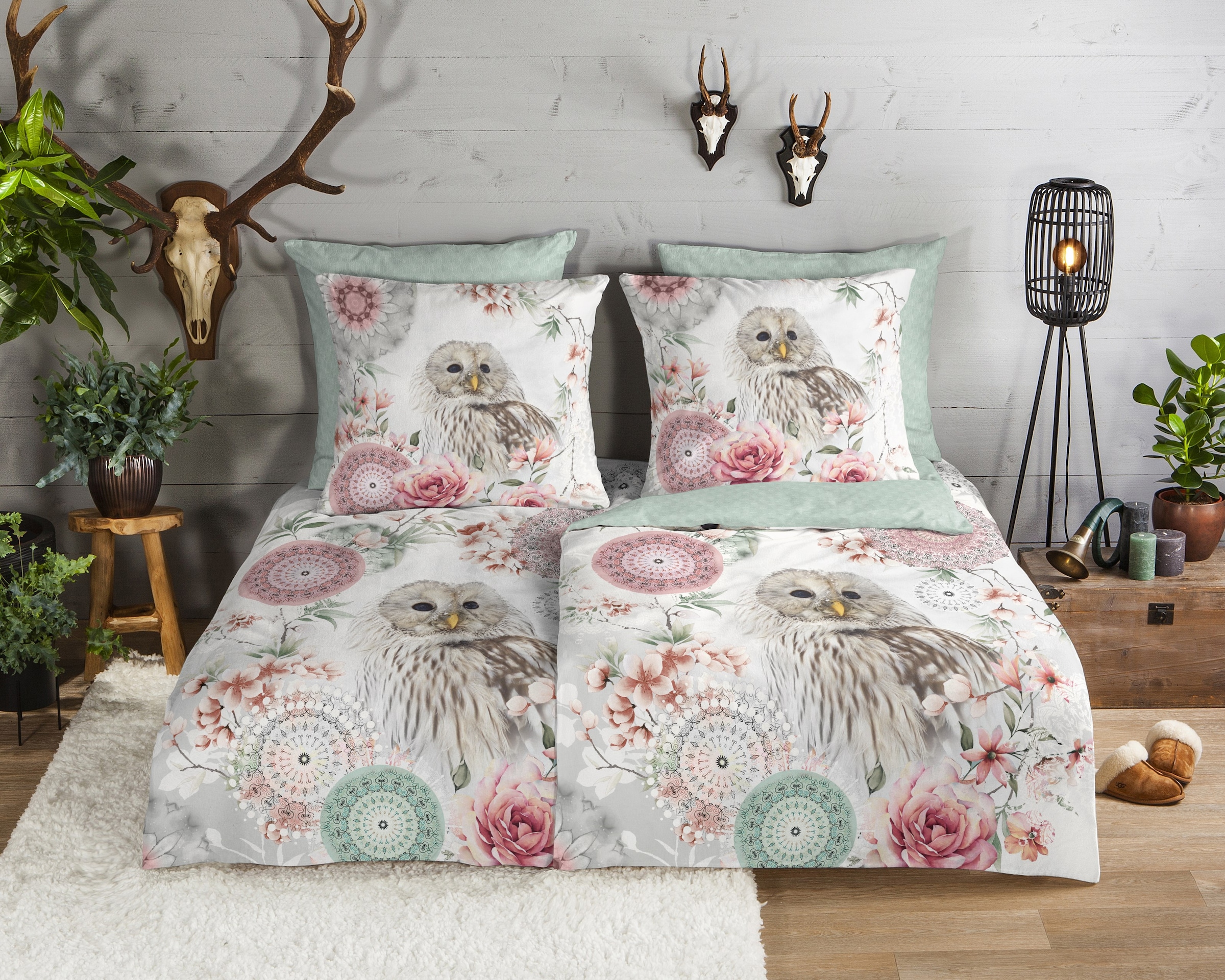hip Wendebettwäsche »Omaira«, Flanell, Biber, Baumwolle, Warm, Wendeoptik, Mandala, Eule, Minzgrün