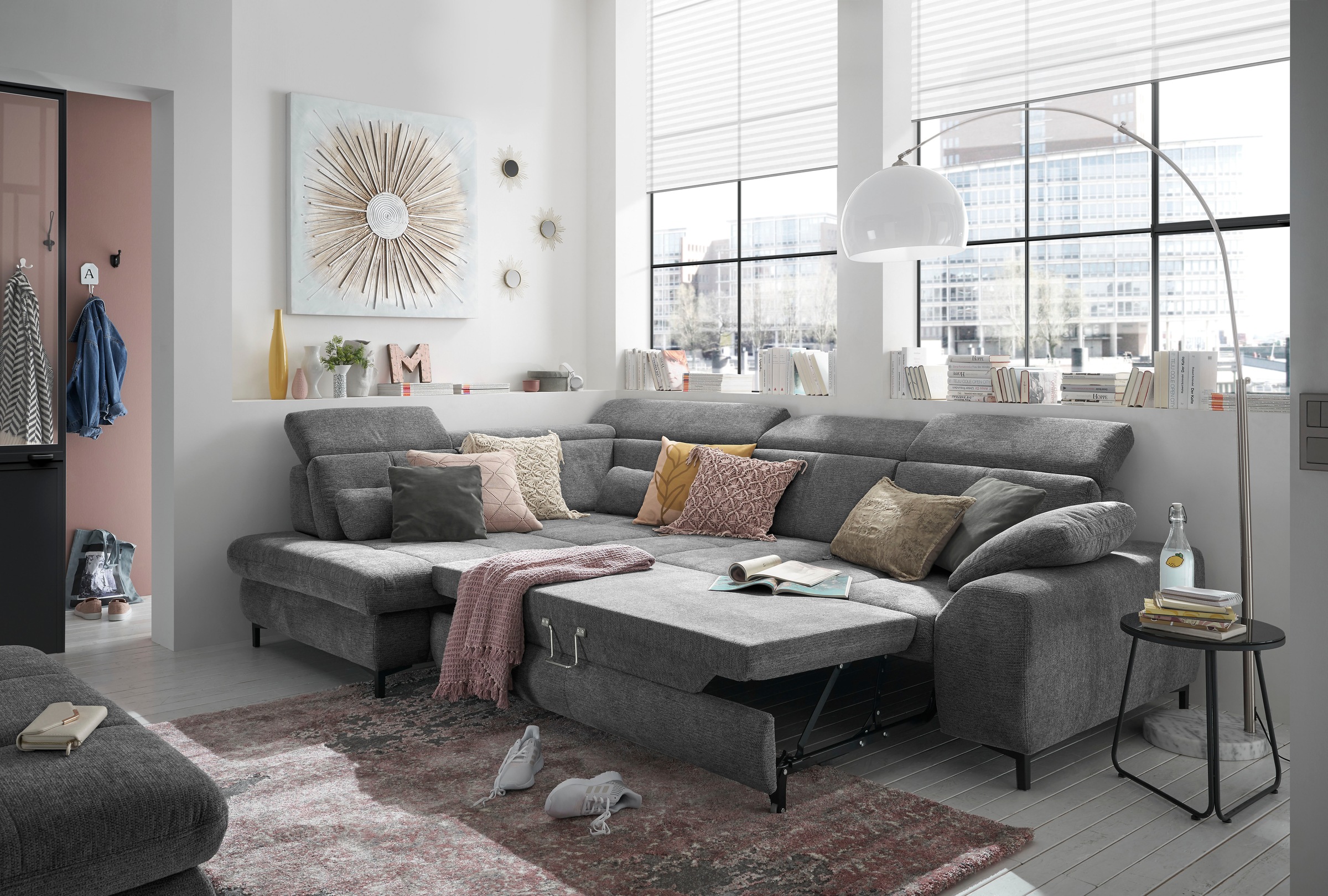 set one by Musterring Ecksofa »SO 3400 Sitzhöhe 47cm oder 49cm, Sitztiefe verstellbar, B/T 317/220 cm«, Kaltschaumpolsterung, Flachgewebe, whlw. mit Funktionen, Sitzhöhe 47