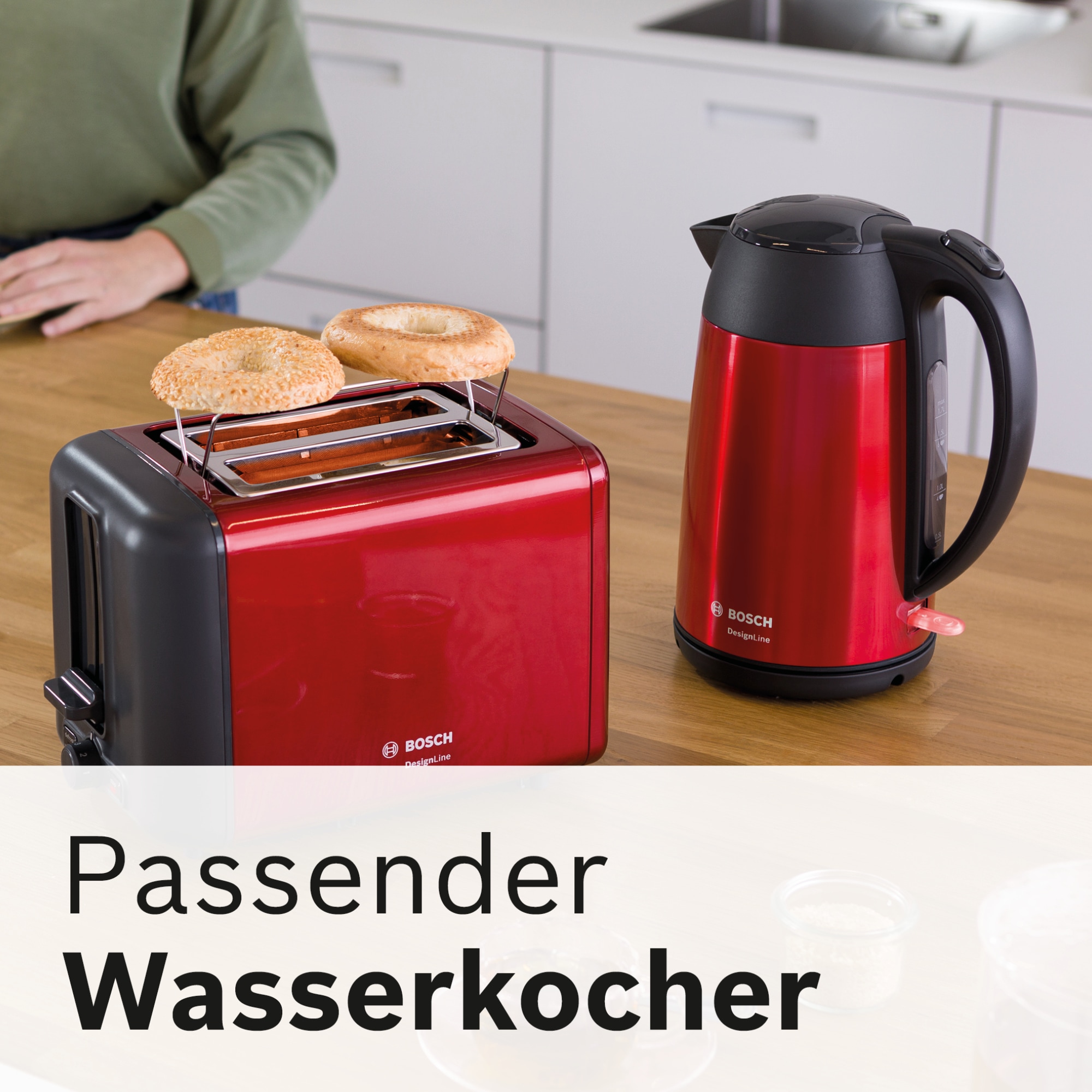 BOSCH Toaster »DesignLine TAT3P424DE, Integrierter Edelstahl-Brötchenaufsatz« 2 kurze Schlitze 820 W Abschaltautomatik, Auftaufunktion, Liftfunktion, Breit, rot