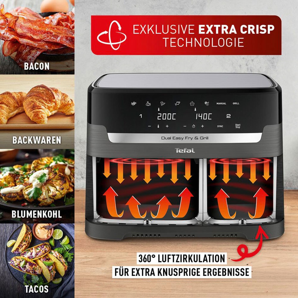 Tefal Heißluftfritteuse »EY905B Dual Easy Fry & Grill«, 2700 W, Doppelkammer Heissluftfritteuse, inkl. Hamburger Presse, EY905B