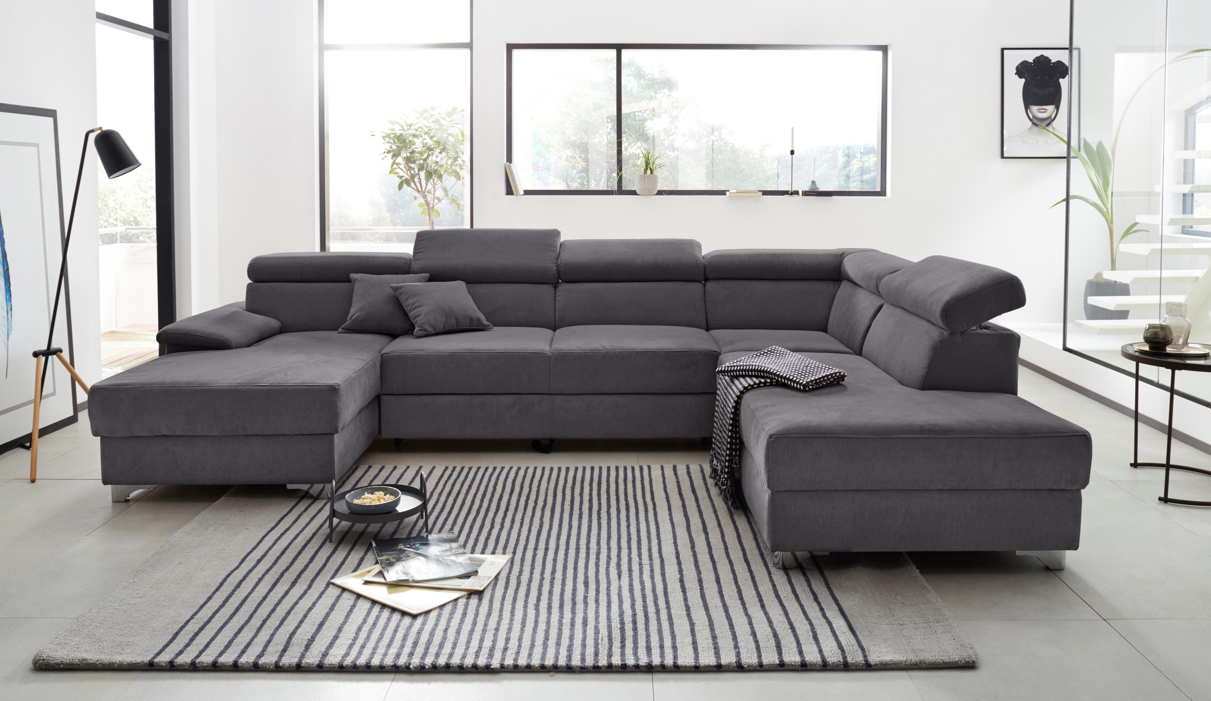 DOMO collection Wohnlandschaft »Mira, inklusive Kopfteilverstellung für mehr Wohlfühlkomfort, U-Form«, wahlweise mit Bettfunktion und Bettkasten, elegant und modern