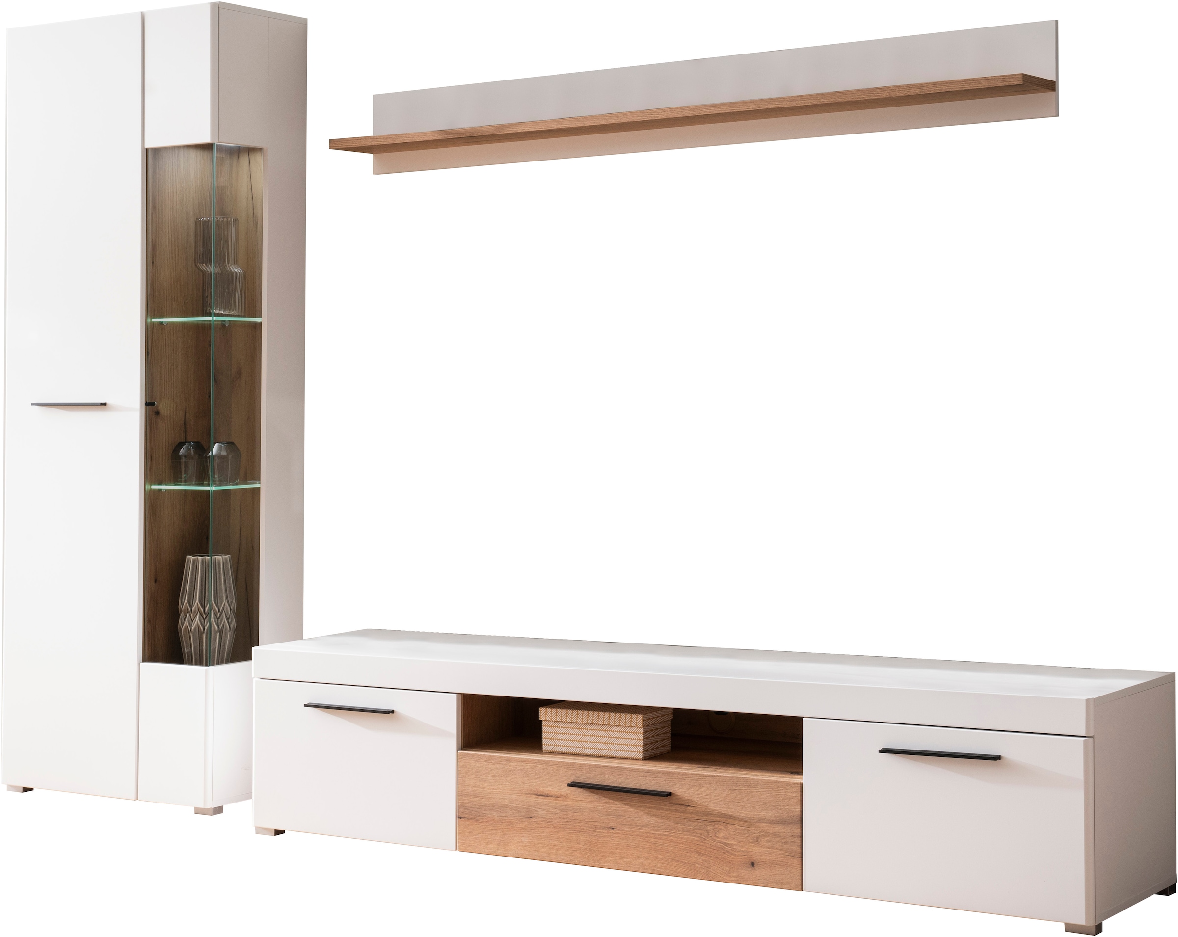 INOSIGN Wohnwand »Salerno, moderne Anbauwand, Wohnzimmer-Set, Weiß mit Eiche Evoke Dekor«, (Set, 3 St.), enthält Vitrine, Lowboard + Wandboard, Metallgriffe, 287 cm breit