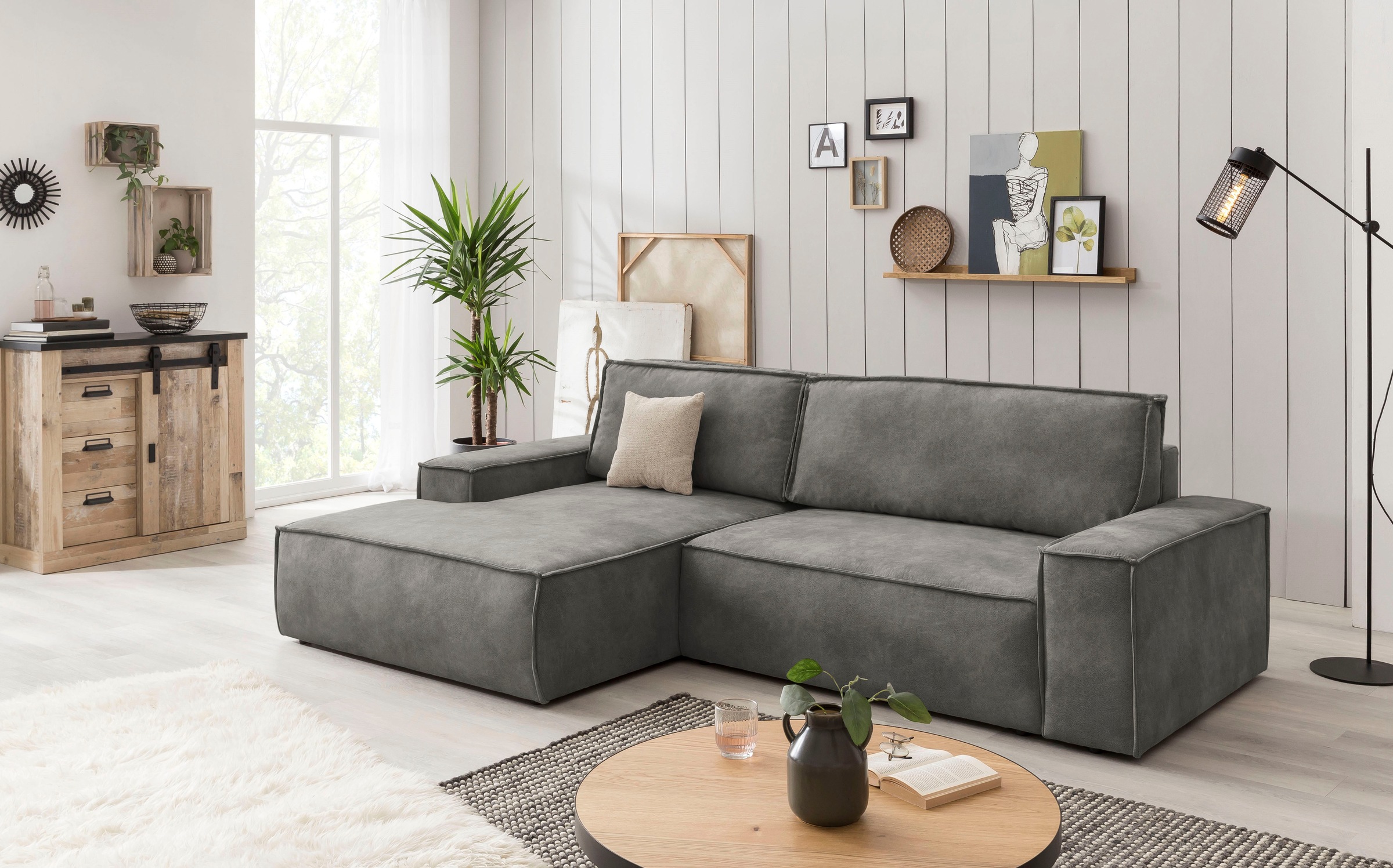 Home affaire Ecksofa SHERWOOD Schlafsofa 267 cm, L-Form, Schlaffunktion mit Bettkasten (210x136 cm), Cord, Vintage, Samtvelours