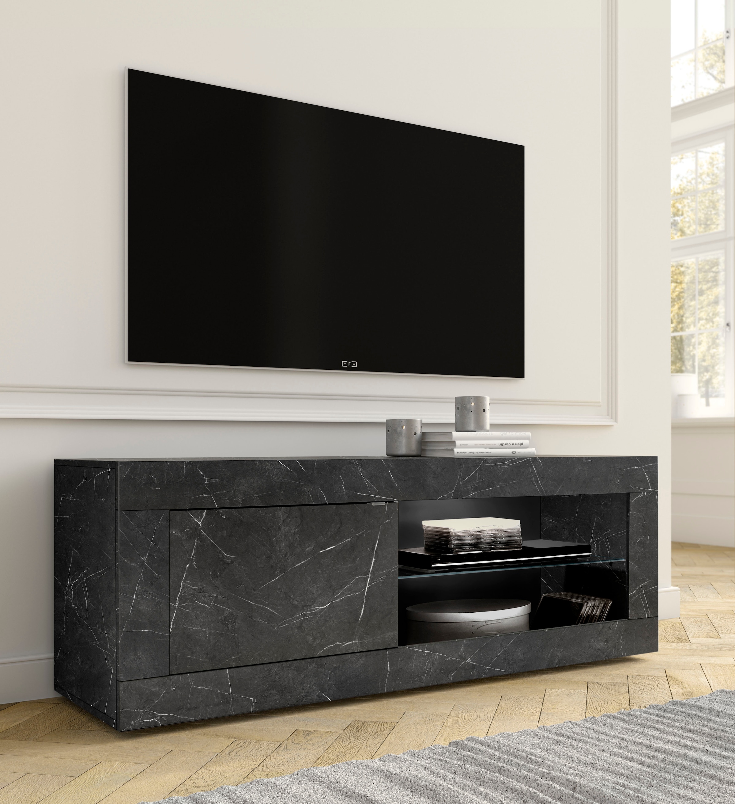 INOSIGN Lowboard »Basic Breite 140 cm, TV-Board 1 Tür, 2 offene Fächer (Glasboden),«, TV-Kommode, Metallgriff, moderne Rahmenoptik, Farbauswahl