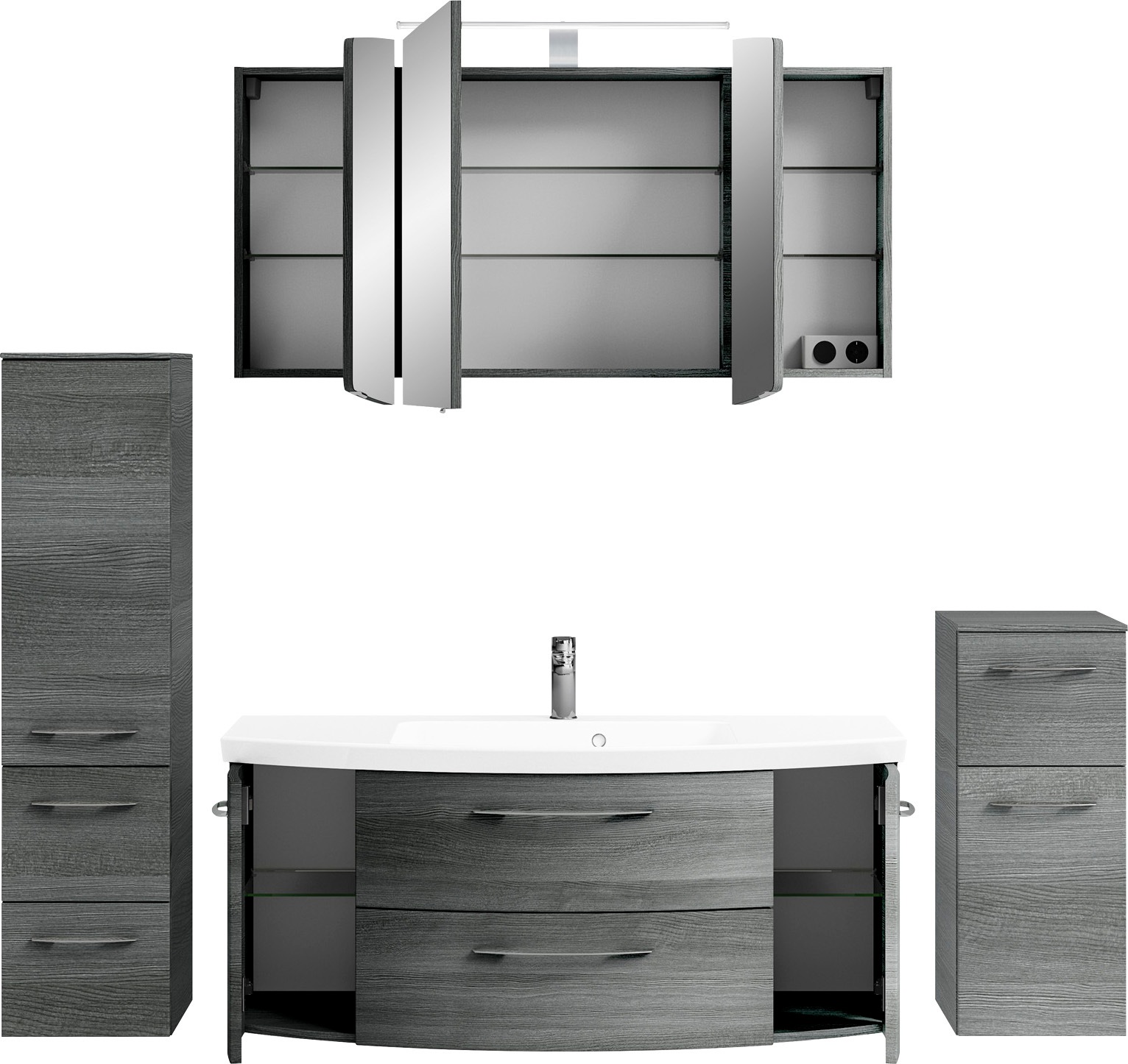 Saphir Badmöbel-Set »Cassca Sprint 4-teilig Mineralmarmor-Waschtisch mit LED-Spiegelschrank«, (5 St.), Midischrank, Unterschrank, inkl. Türdämpfer, 7 Türen, 5 Schubladen