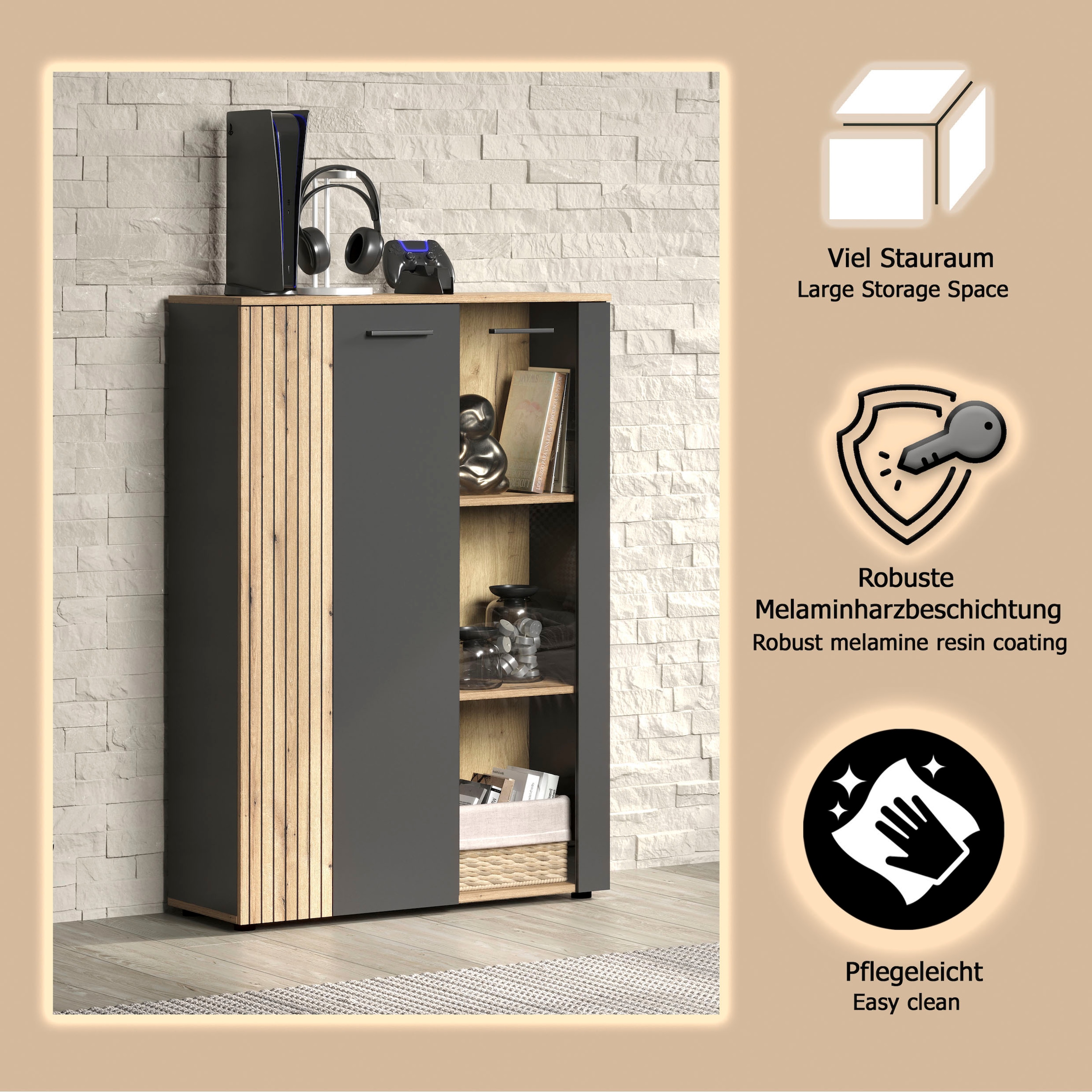 Home affaire Highboard »Estepona« 1 Stk. tlg. Vitrine, Tür mit Rillen-Optik, Breite 91 cm