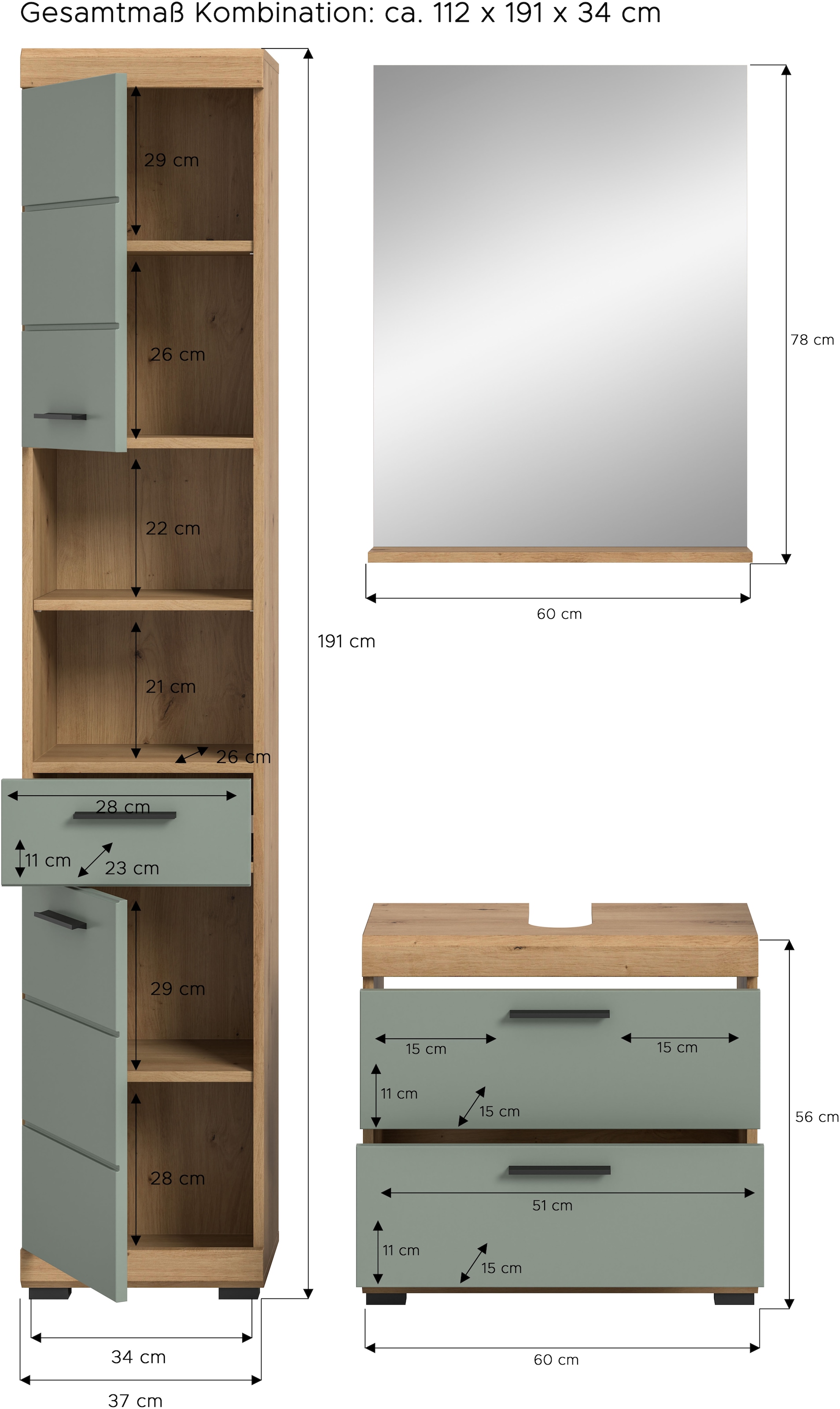 INOSIGN Badmöbel-Set »Siena, 3 teilig, bestehend aus:«, (Set), Hochschrank, Waschbeckenunterschrank, Spiegel