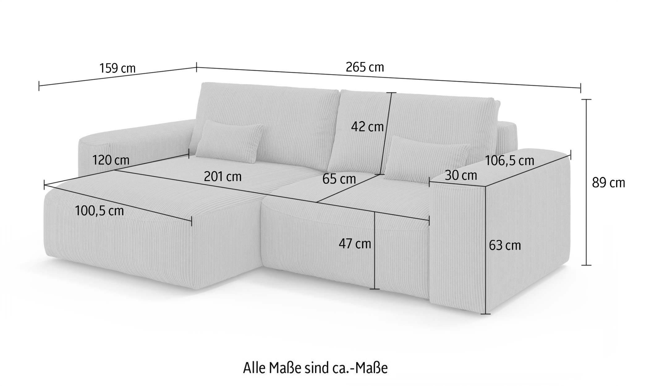 OTTO home Ecksofa »MATTS Schlafsofa mit Bettkasten, Maße B/T/H: 265/159/89 cm«, L-Form mit Recamiere rechts oder links, hoher Sitzkomfort