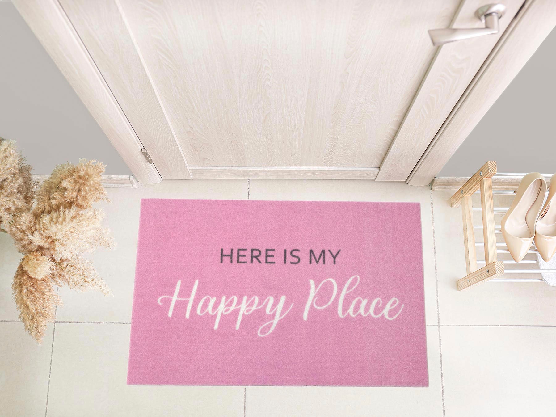 Primaflor-Ideen in Textil Fußmatte »VELVET - HAPPY PLACE, Made in Belgium«, rechteckig, 5 mm Höhe, Schmutzfangmatte, Motiv mit Spruch, rutschhemmend, waschbar