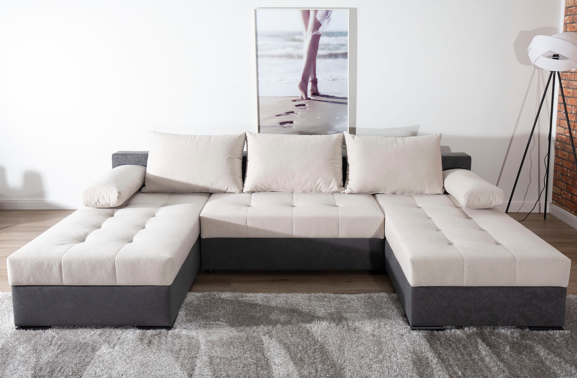 COLLECTION AB Wohnlandschaft »Josy U-Form, Breite 269 cm, Flachgewebe, Struktur, Cord & Cord/Mix«, (Cord-/Mix), inkl. Bettfunktion, Bettkasten, mit 3 gleich großen Rückenkissen