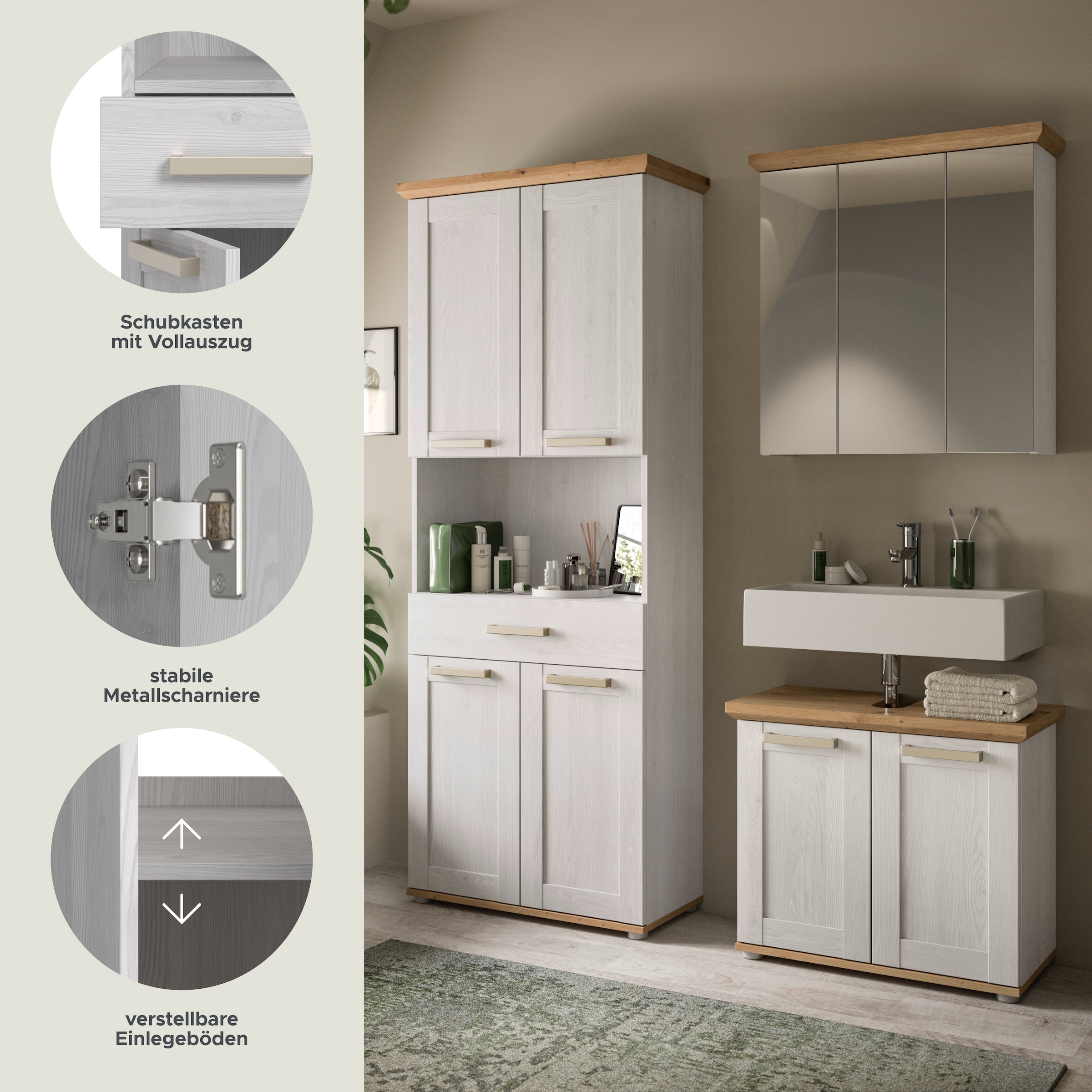 welltime Badmöbel-Set »COSENZA, 3-teilig, in Landhausoptik, mit farblich abgesetztem Kranz« best. aus: Hochschrank, Spiegelschrank und Waschbeckenunterschrank, 3 Stk. tlg.