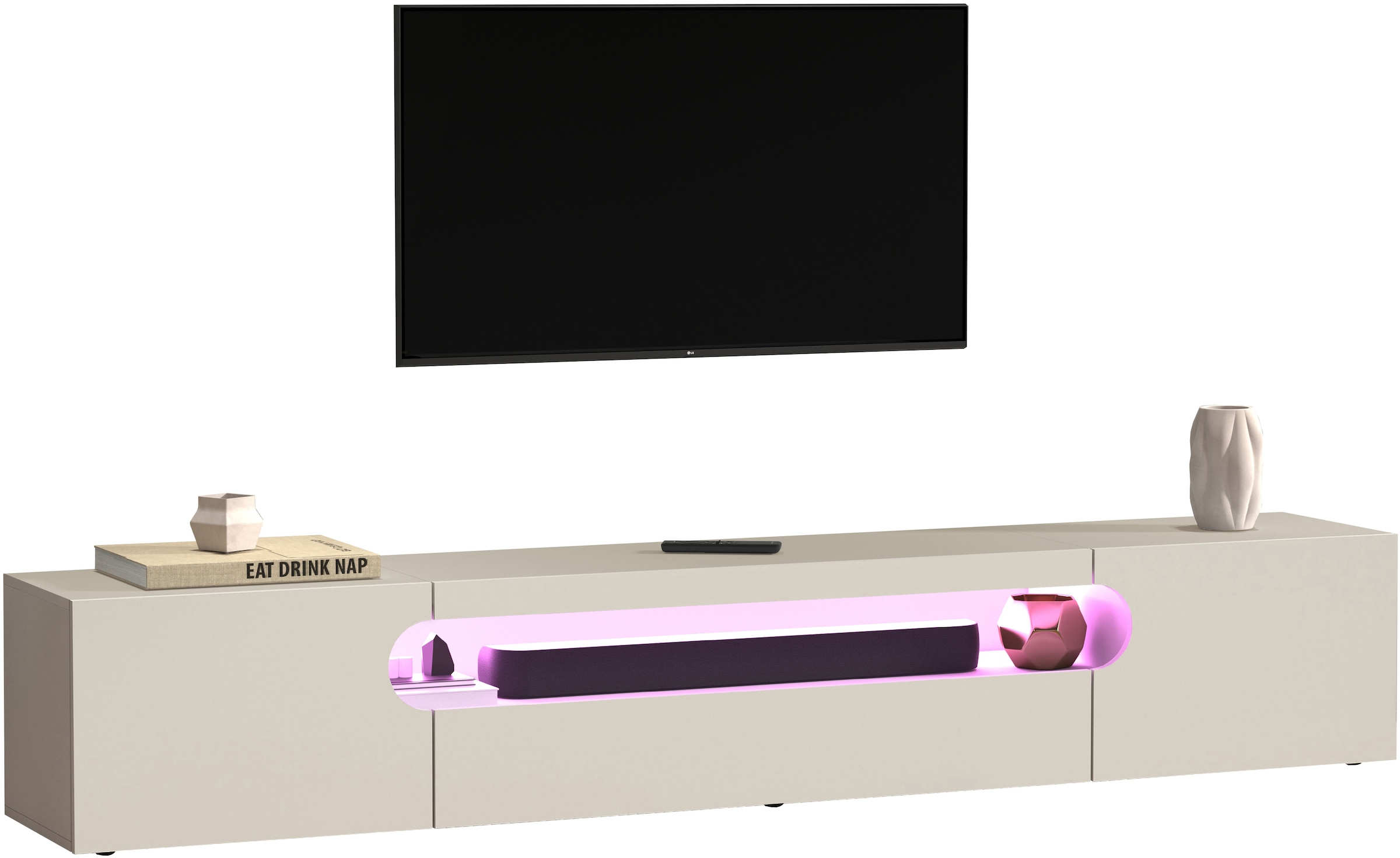 Home affaire Lowboard »REAL TV-Möbel, 240 cm breit, 40/60 cm hoch, Hochglanz oder matt« mit 2 abgerundeten Türen, 1 Klappe, die ein ovales offenes Fach bilden