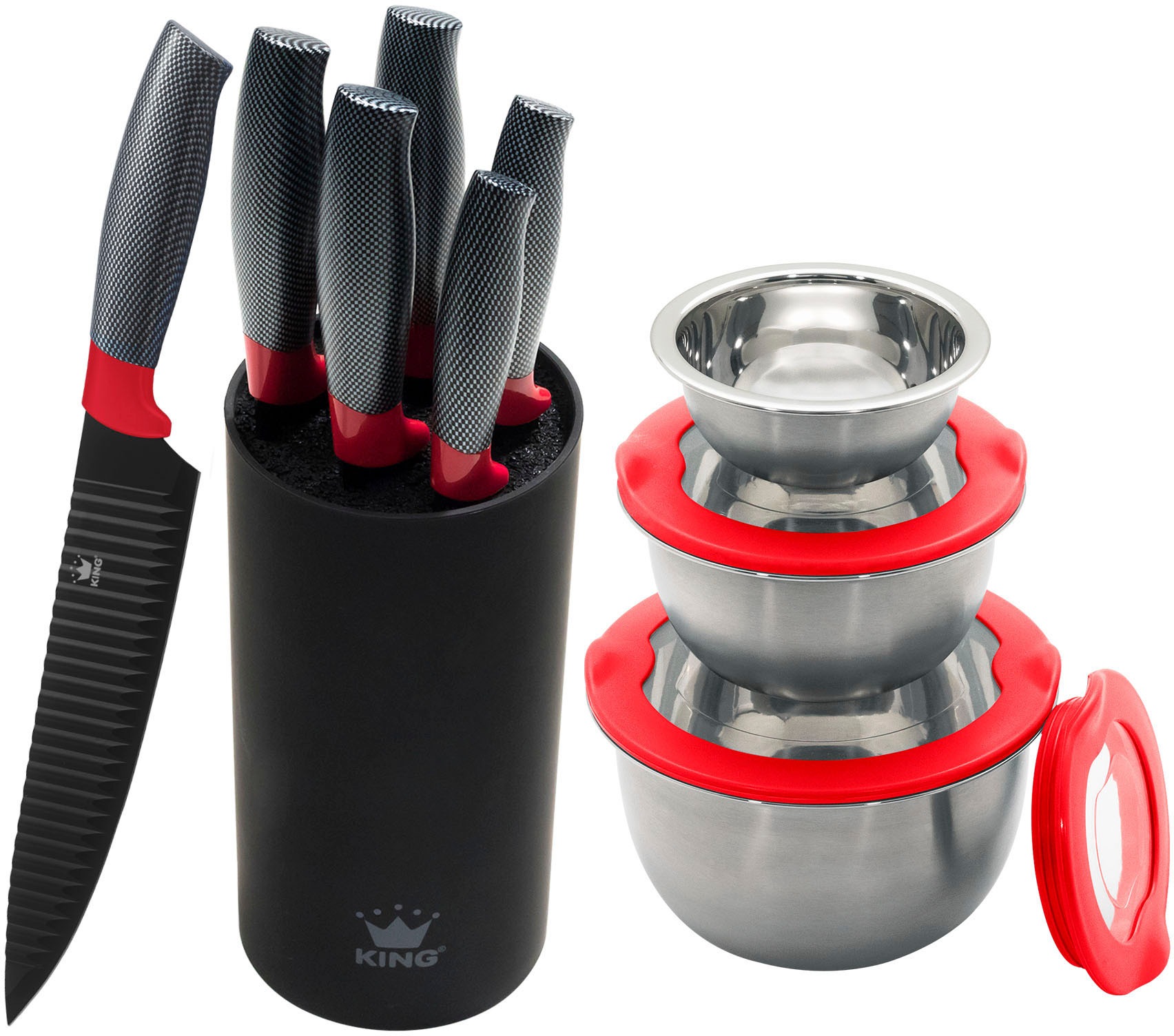 KING Messerblock »FRESHIN CARBON DESIGN RED«, 12 tlg., Edelstahl-Schüsseln günstig online kaufen