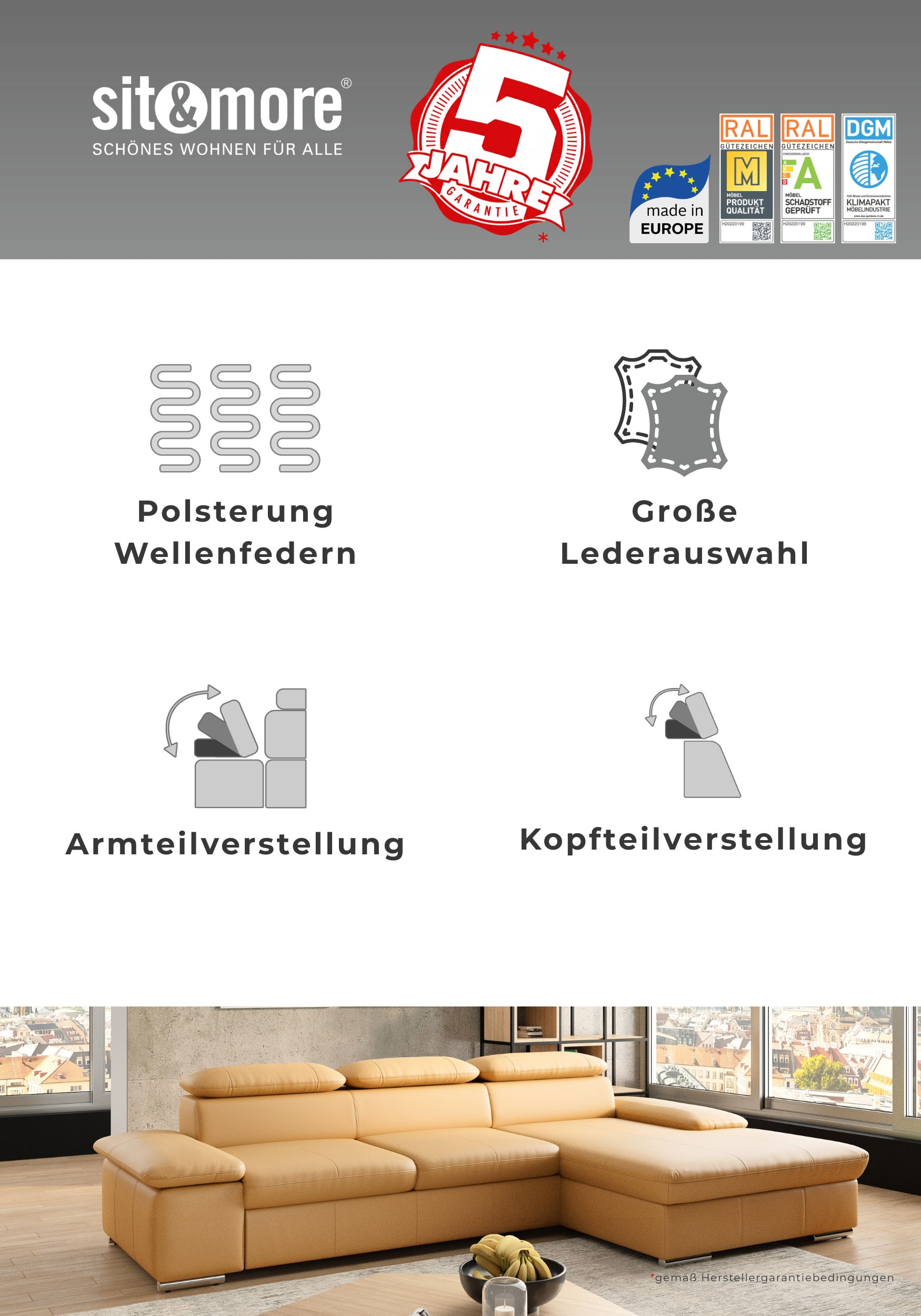 sit&more Ecksofa »Valantine L-Form, B: 272 cm, Leder, mit Arm- und Kopfteilverstellung« optional Schlaffunktion, Komfortsofa, modern