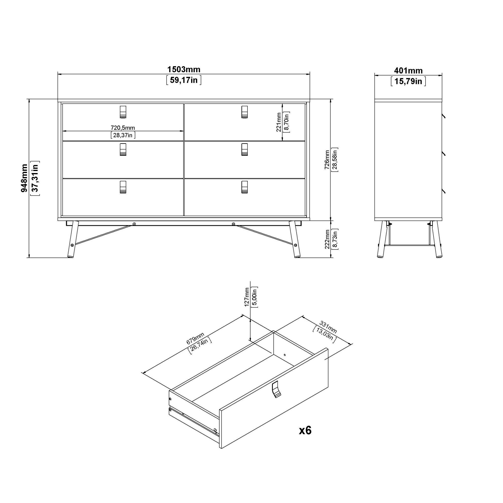 andas Kommode »Ry Aufbewahrung, Schubladenschrank, Stauraum,«, Sideboard mit 6 Schubladen, Breite 150 cm, Höhe 95 cm, Massivholzbeine