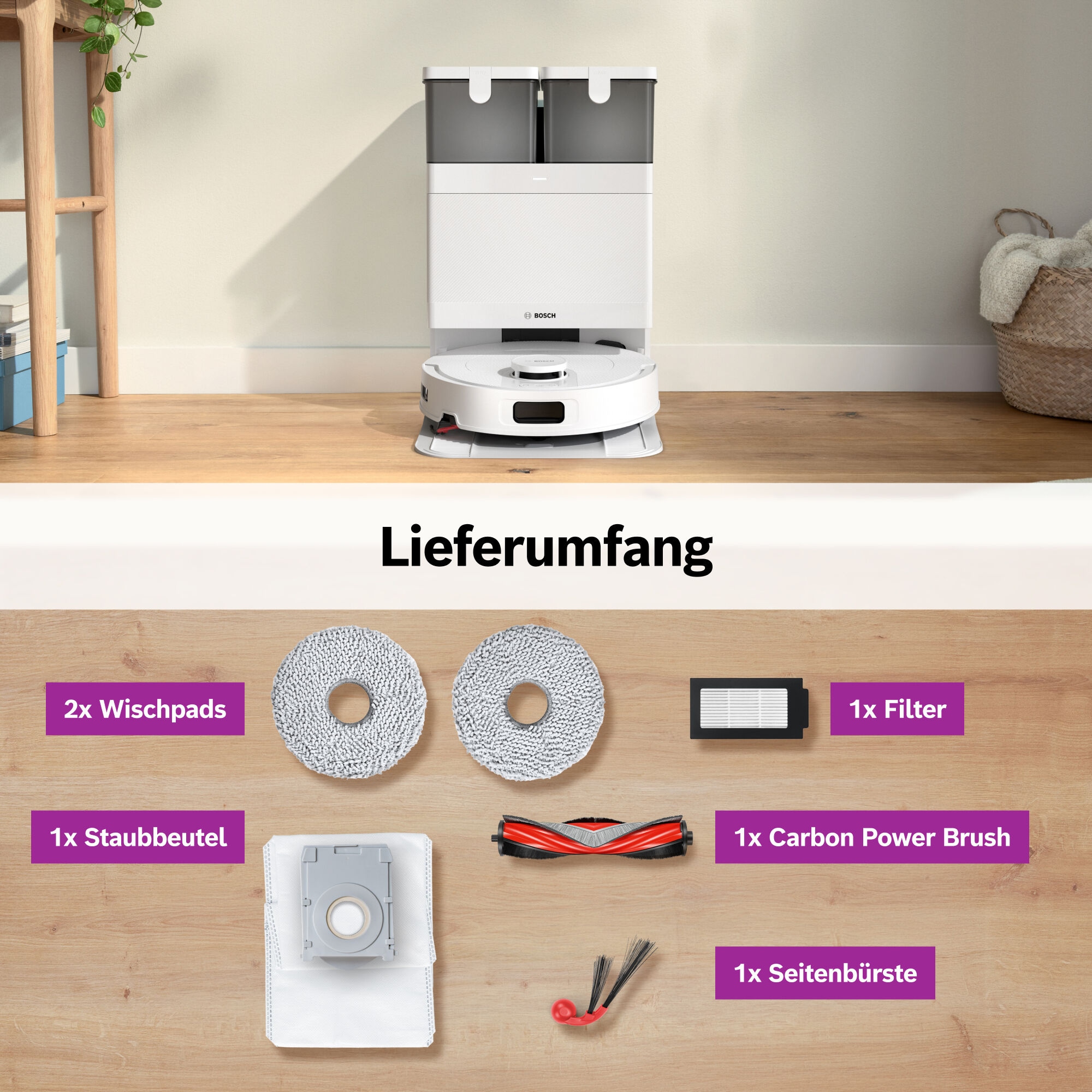 BOSCH Saugroboter »mit Wischfunktion Spotless 2 BCR2S1B/BCR2S1W, 25.000 Pa Saugkraft« Selbstreinigung, Nass-Trocken-Servicestation, rotierende Pads
