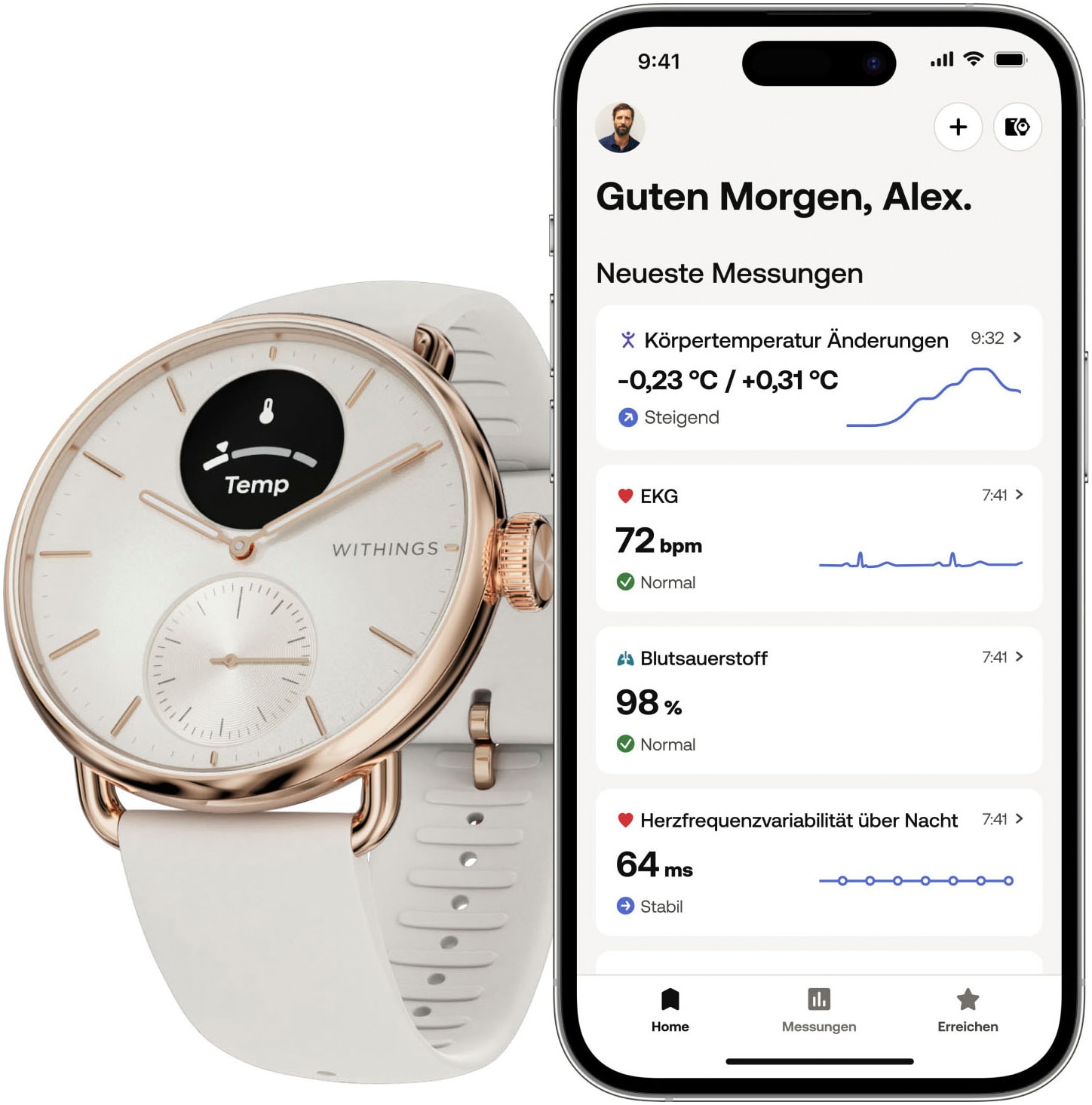 Withings Smartwatch »ScanWatch 2 38mm, hybrid, Akku bis 30 Tage, 50 M Wasserdicht«, HealthSense OS, Aktivitätstracking, Schlafüberwachung, Herzgesundheit, Temperatur uvm.