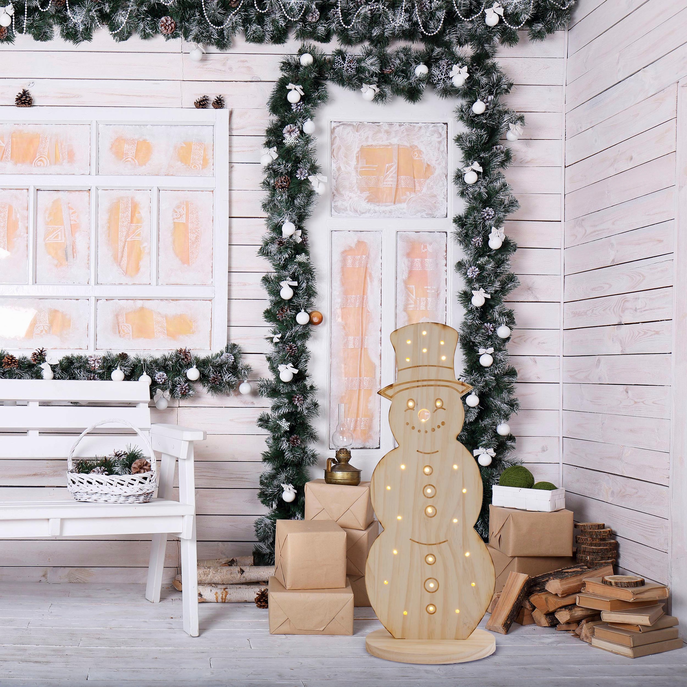 näve LED Dekoobjekt »Snowy, Weihnachtsdeko aus Holz«, Leuchtmittel LED-Board | LED fest integriert, Schneemann aus Holz, Höhe ca. 50 cm, Batteriebetrieb