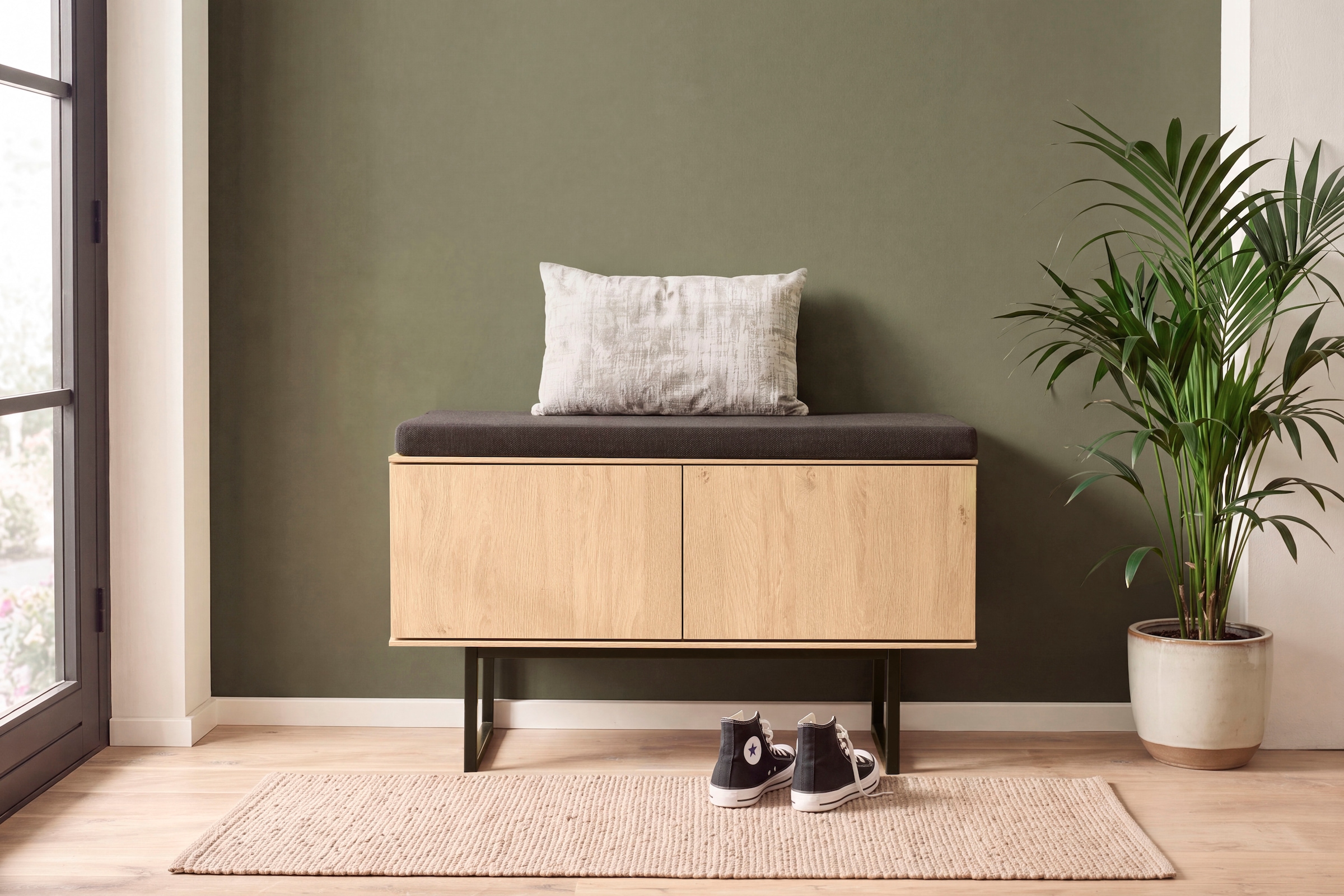 Home affaire Schuhbank »Lund, Garderobenbank mit Klappen, moderne Sitzbank, Polsterbank« viel Stauraum, Platz für ca. 6 Paar Schuhe, 90 cm breit