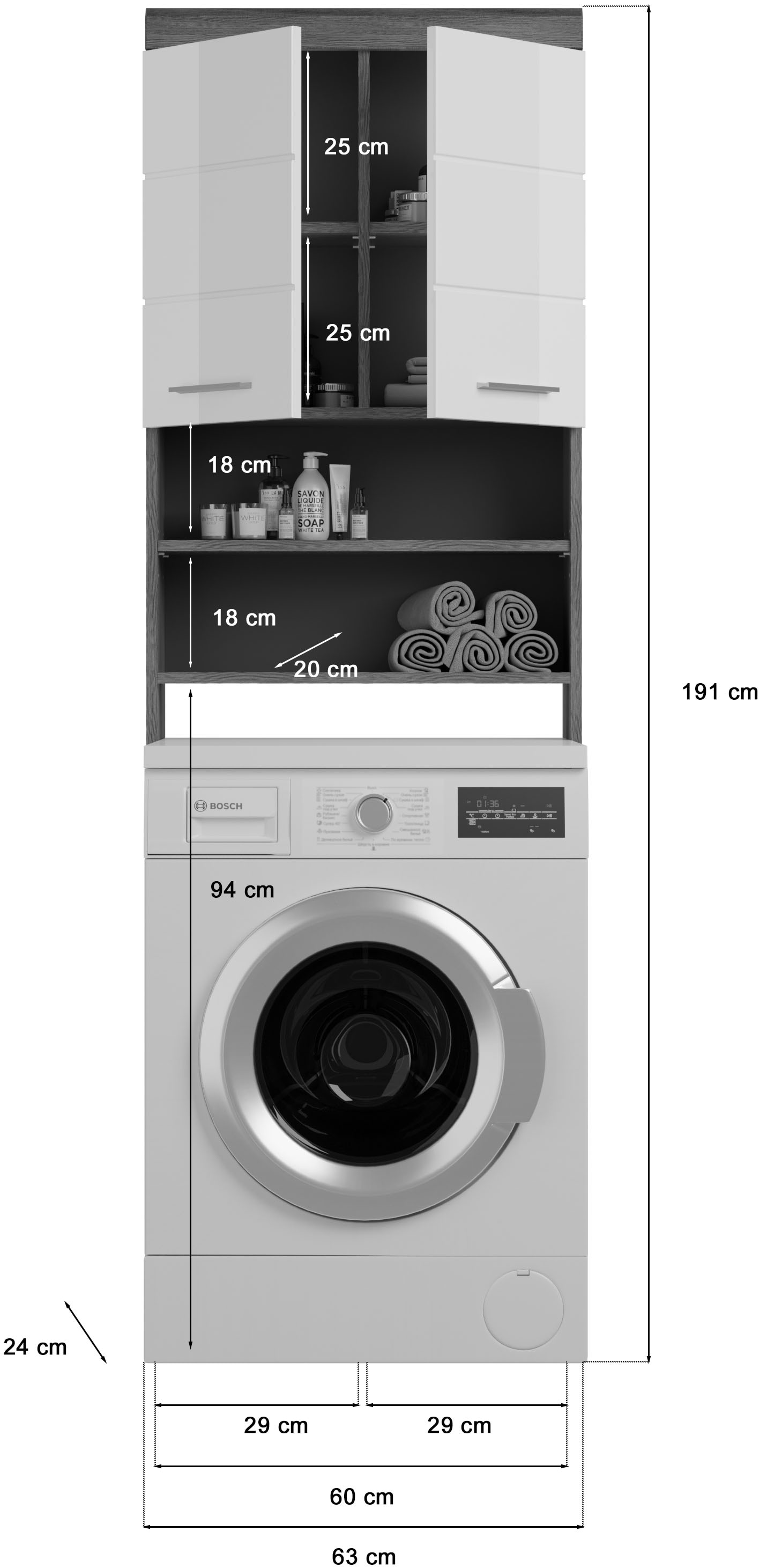 INOSIGN Waschmaschinenumbauschrank »Siena, Breite 63cm, für Waschmaschine & Trockner, 2 Türen, MDF-Front«, in verschiedenen Farben, Überbauschrank, Umbauschrank, Badschrank