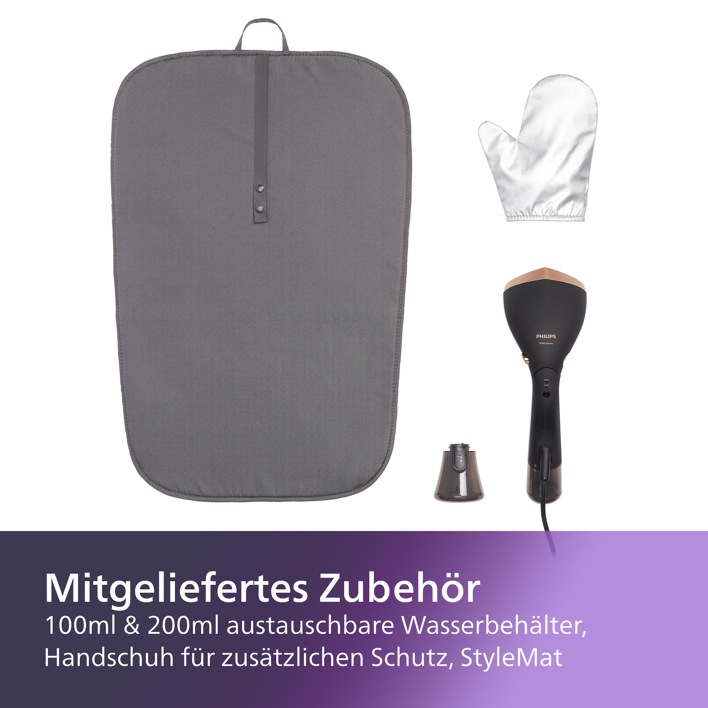 Philips Dampfbürste »STH7060/80 "Performer", 100 ml und 200 ml Wassertank, Metallplatte« 1500 W verstellbarer Kopf, Handschuh und Stylemat inkl.